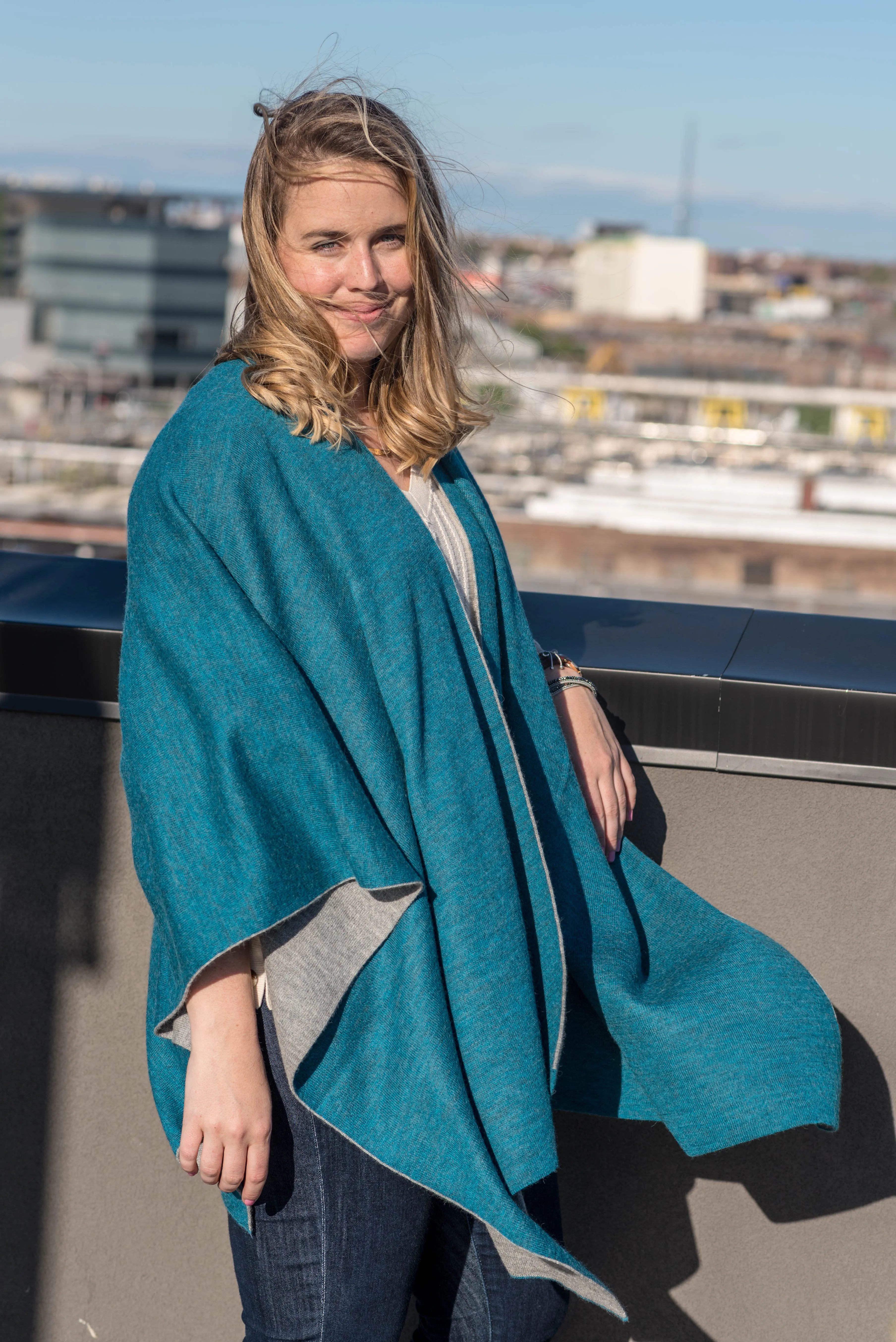 100% Alpaca Wool Ruana Wrap (Blue and Grey)