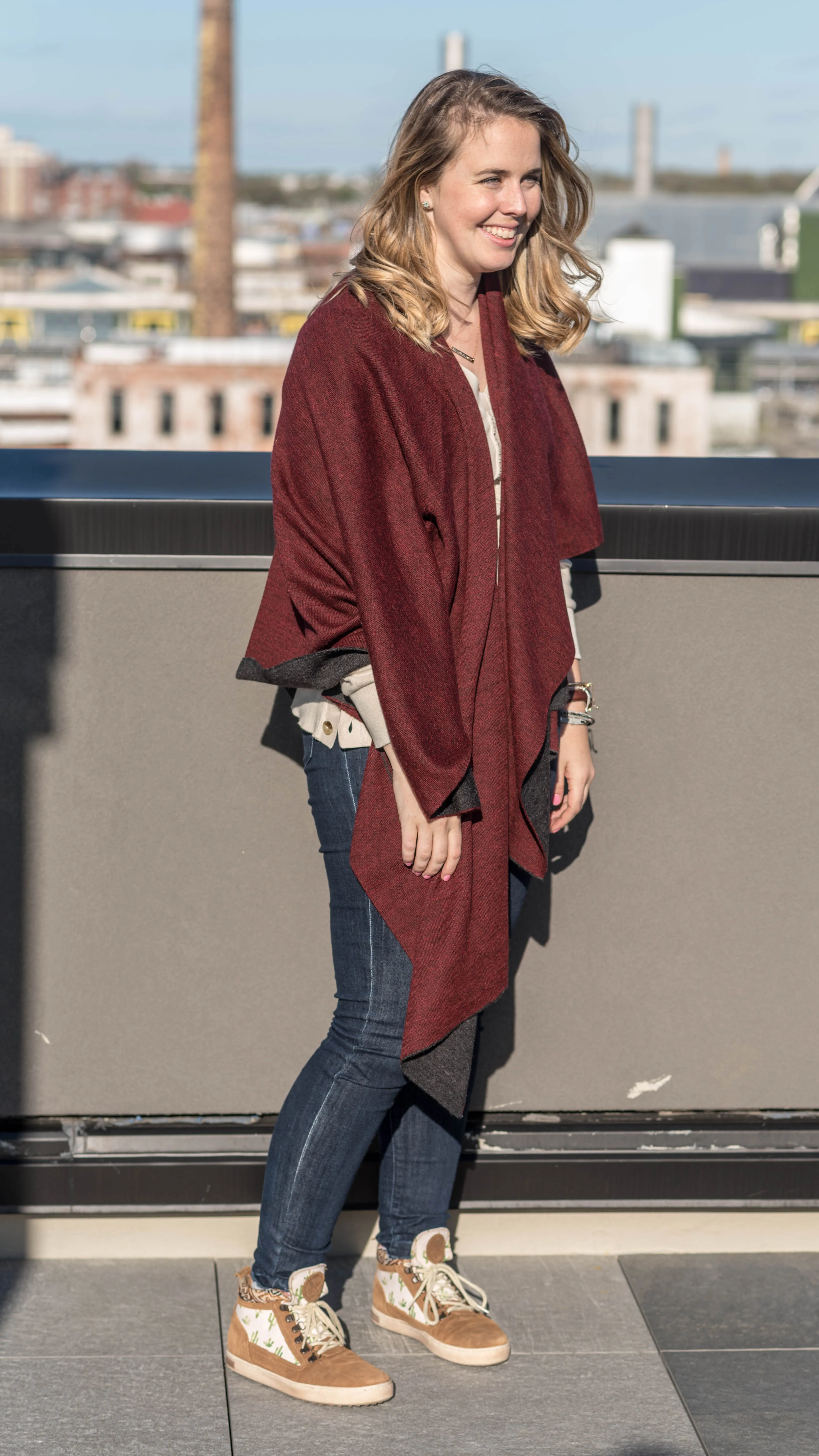 100% Alpaca Wool Ruana Wrap (Red and Grey)