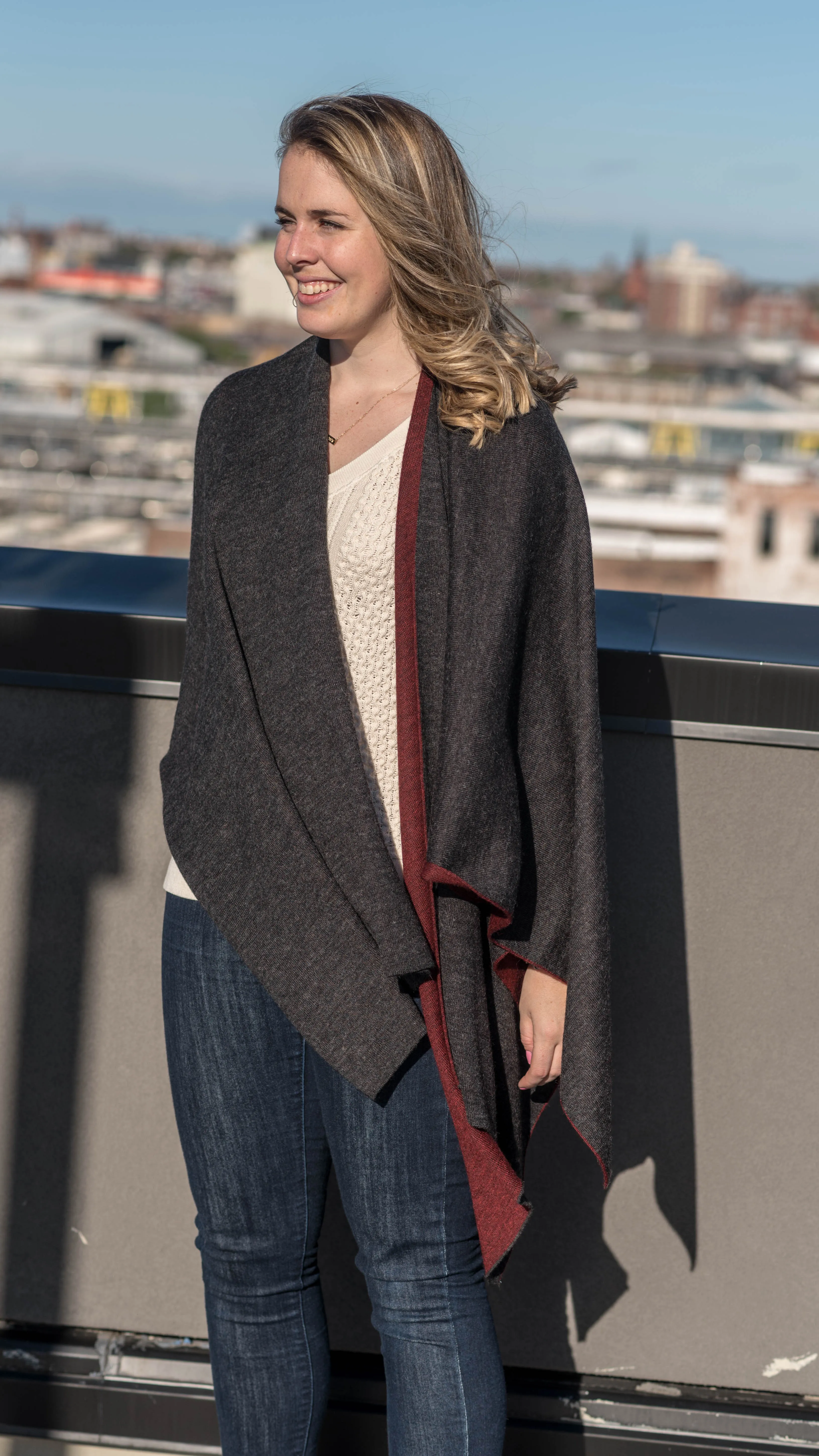 100% Alpaca Wool Ruana Wrap (Red and Grey)
