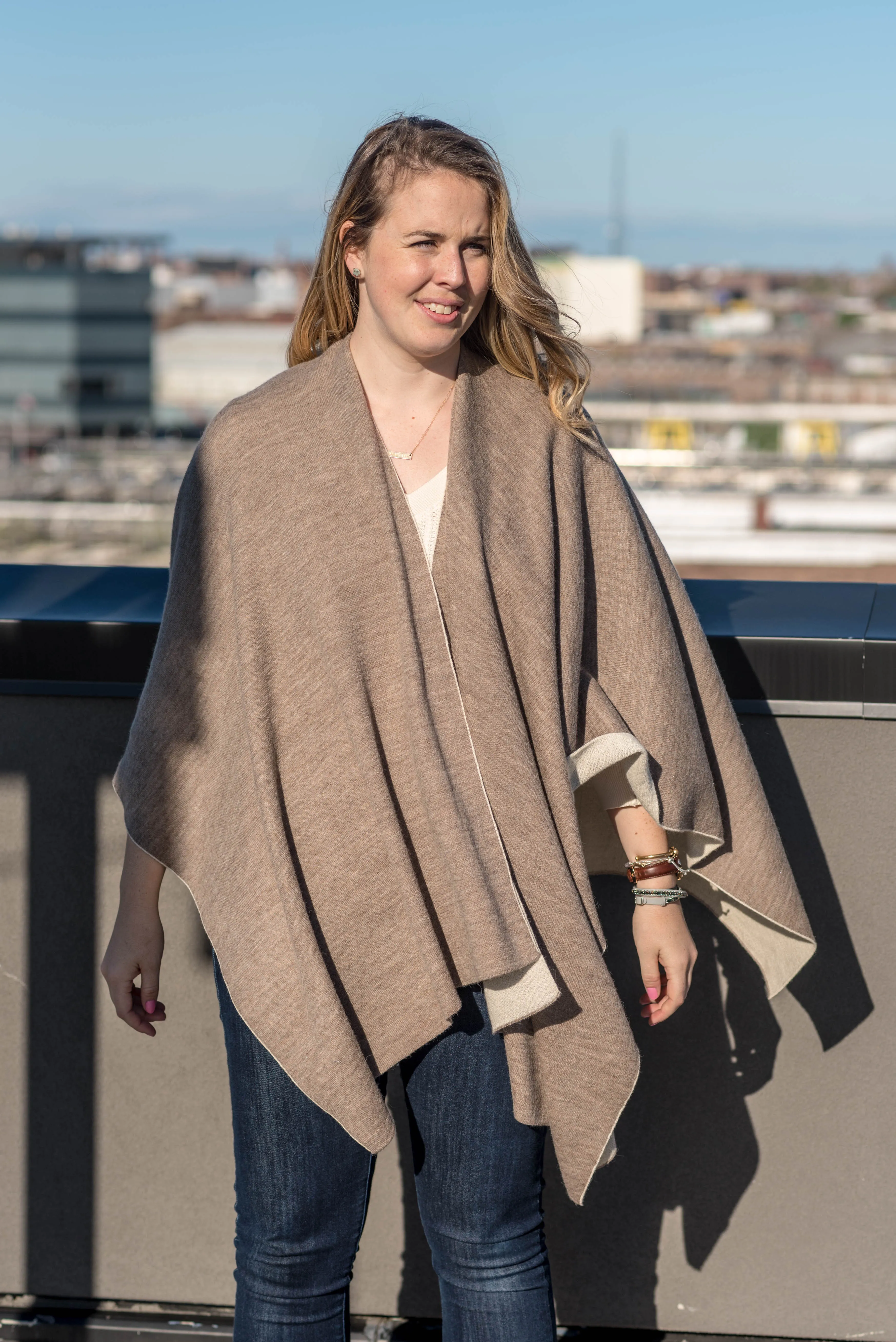 100% Alpaca Wool Ruana Wrap (Tan and White)