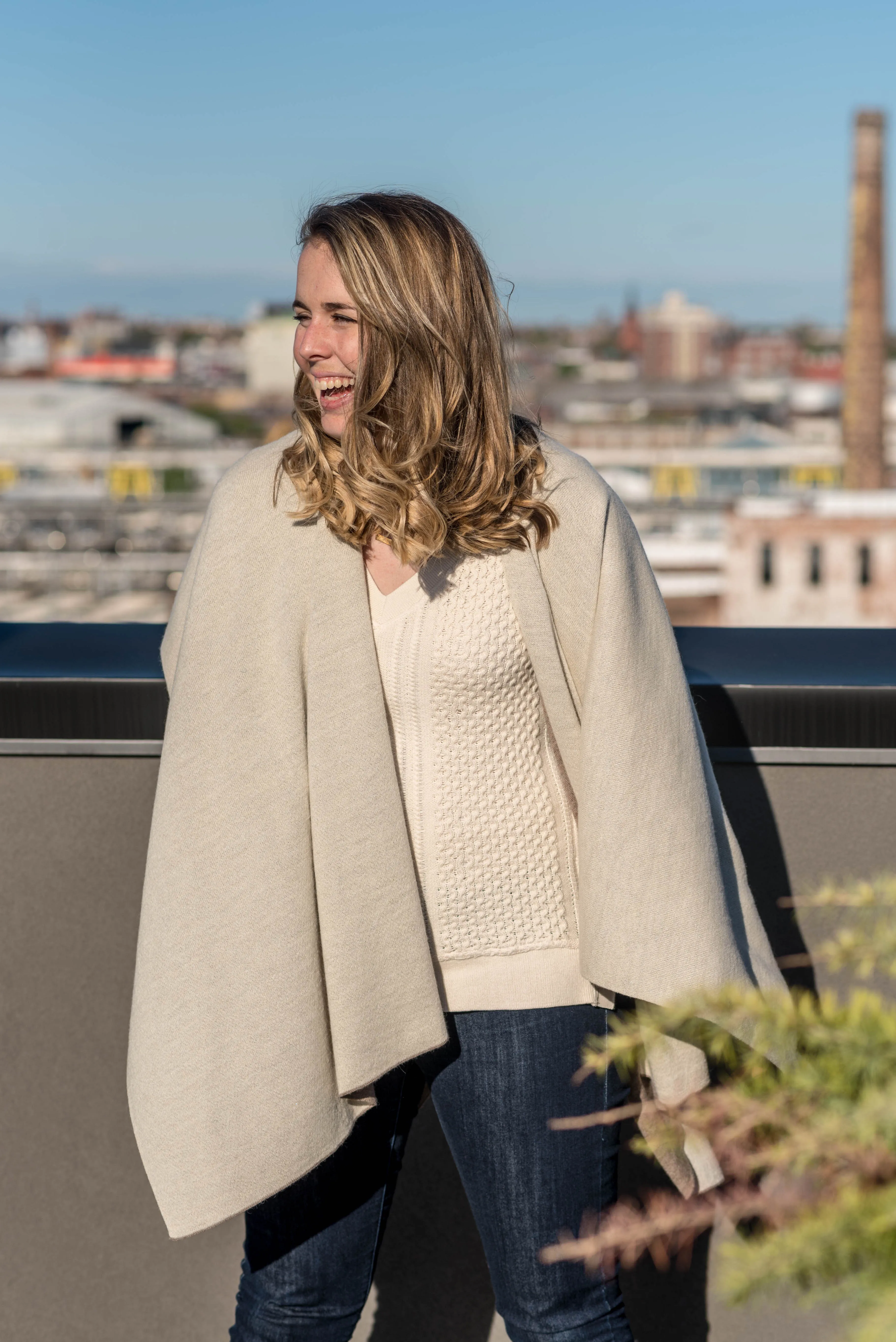 100% Alpaca Wool Ruana Wrap (Tan and White)