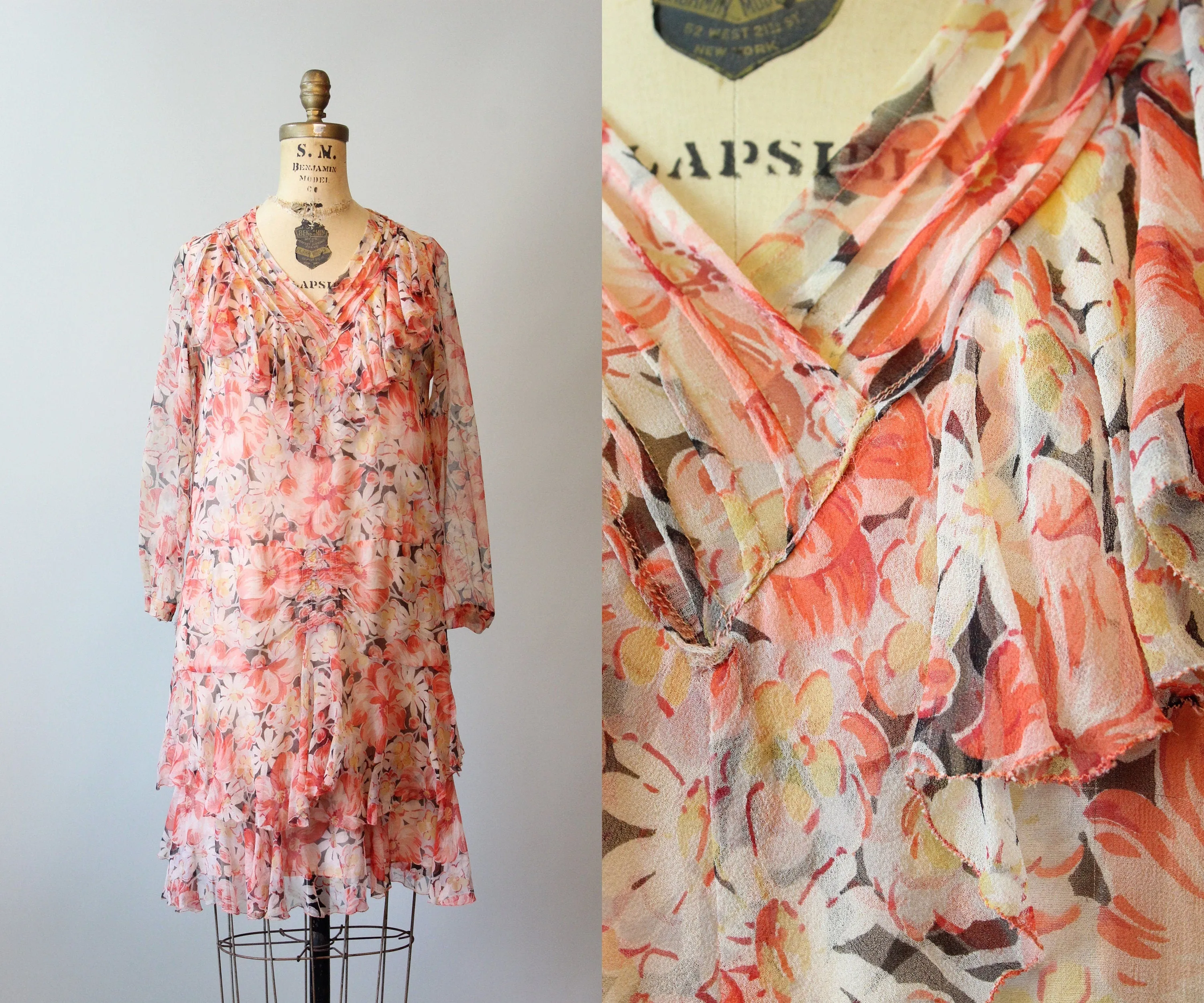 1920s SILK FLORAL dress vintage ruffled flapper dress xs small | new fall