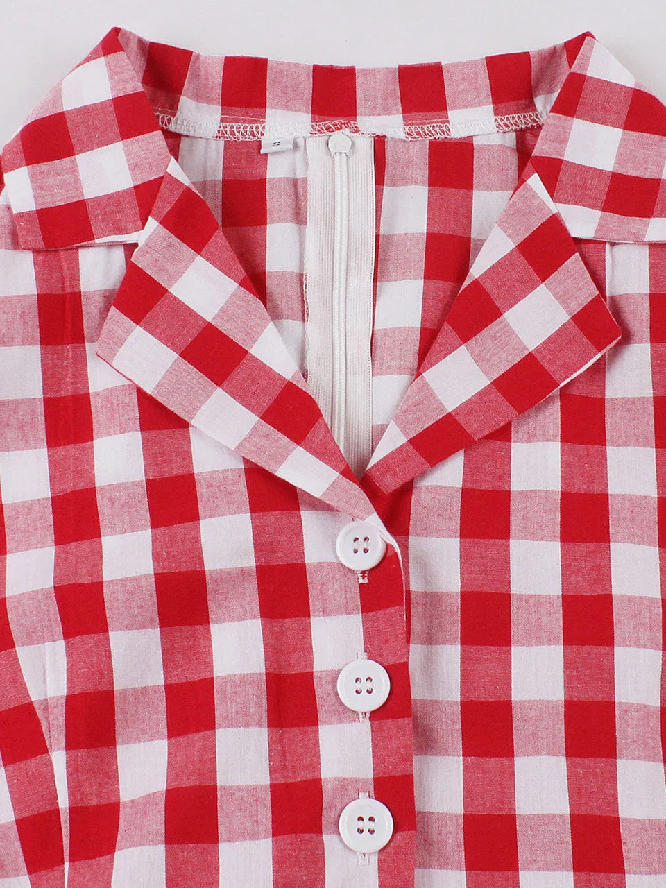1950s Red Turn Down Collar Plaid Short Sleeve Vintage Dress