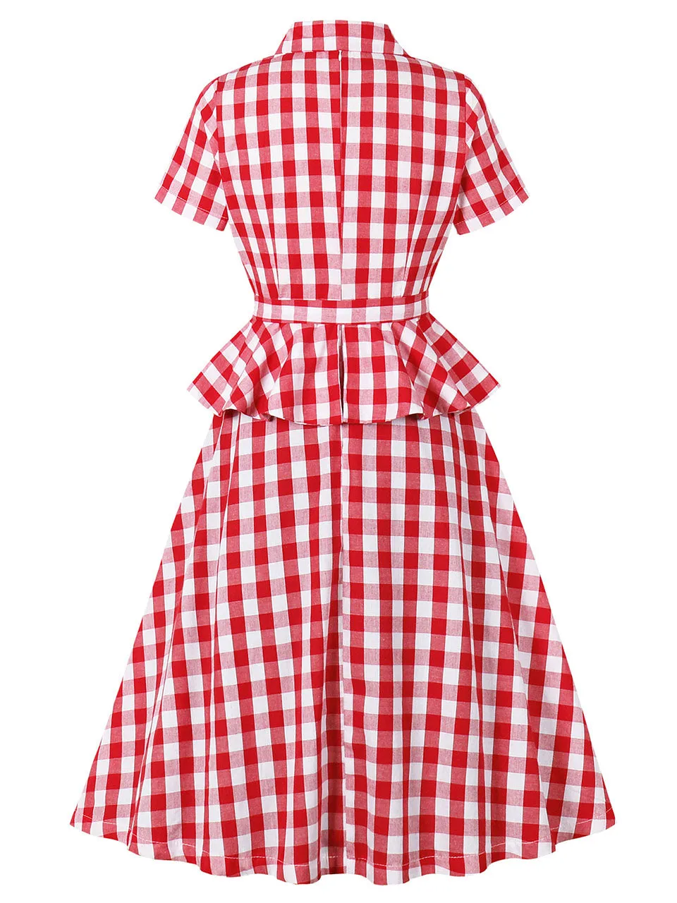 1950s Red Turn Down Collar Plaid Short Sleeve Vintage Dress
