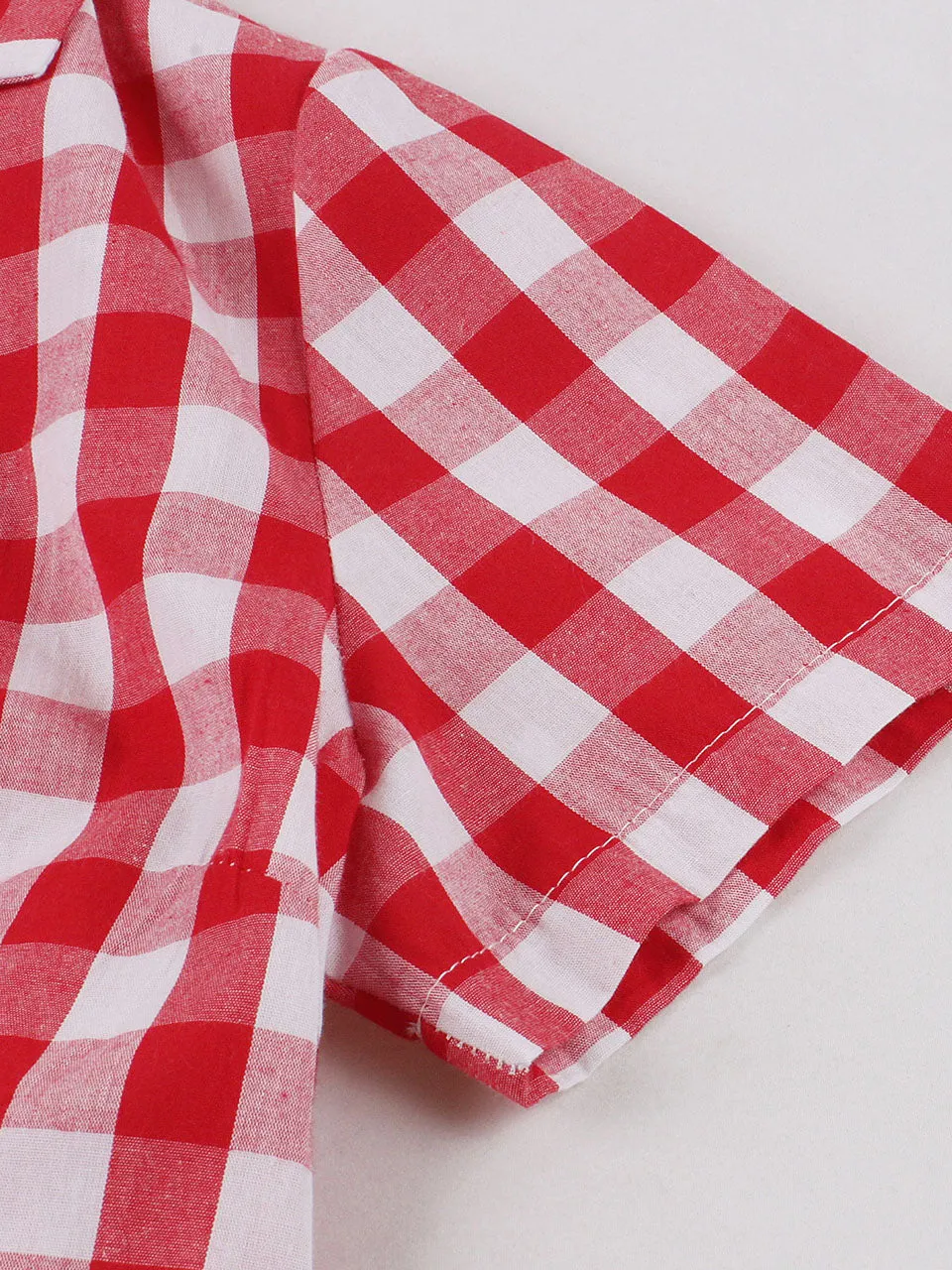1950s Red Turn Down Collar Plaid Short Sleeve Vintage Dress