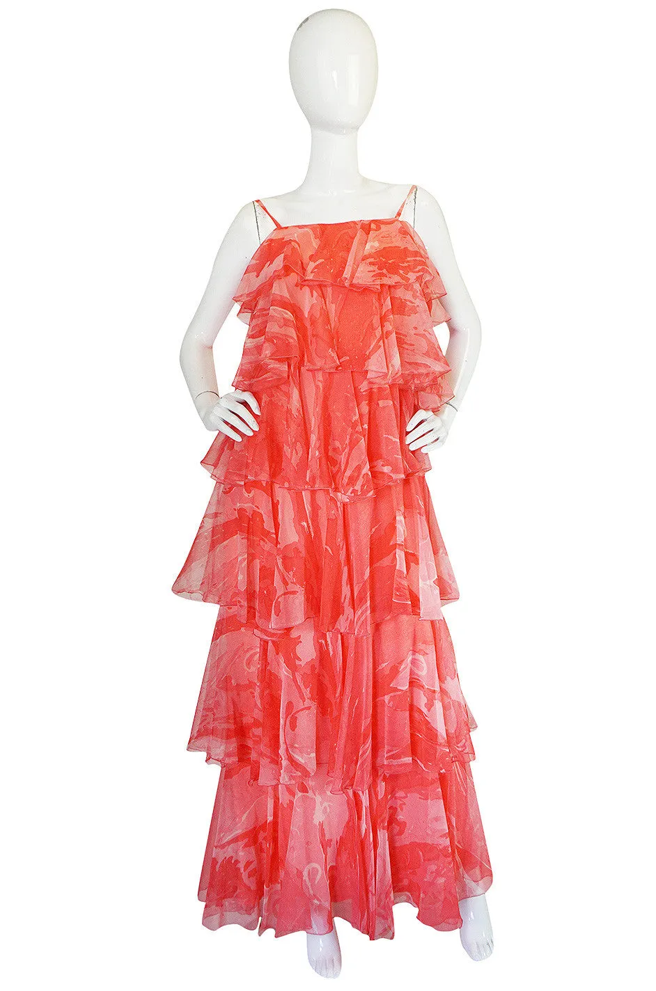 1960s Tiered & Ruffled Silk Chiffon Coral Maxi Dress