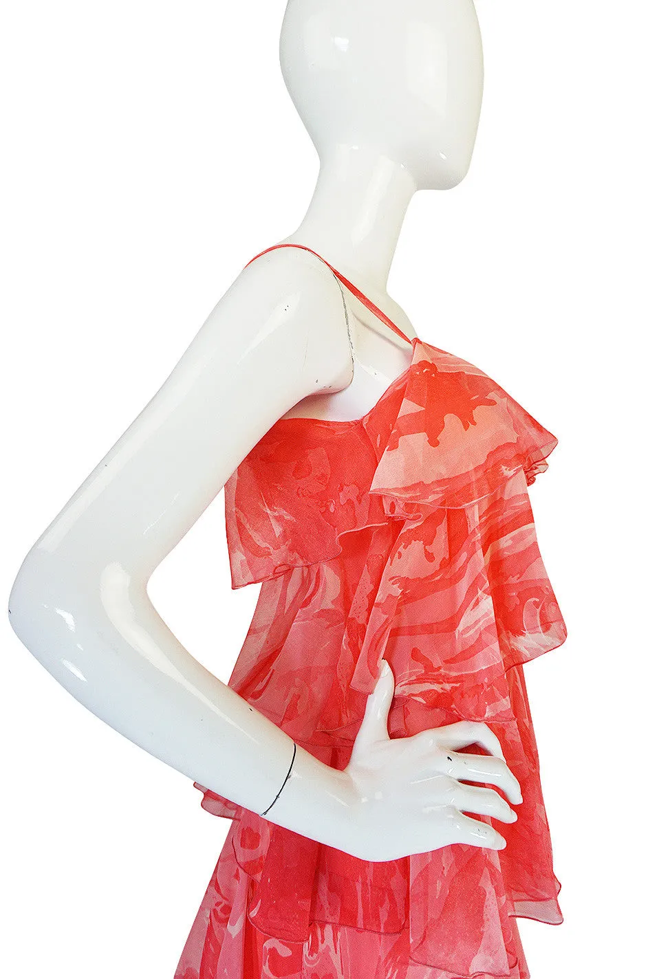 1960s Tiered & Ruffled Silk Chiffon Coral Maxi Dress