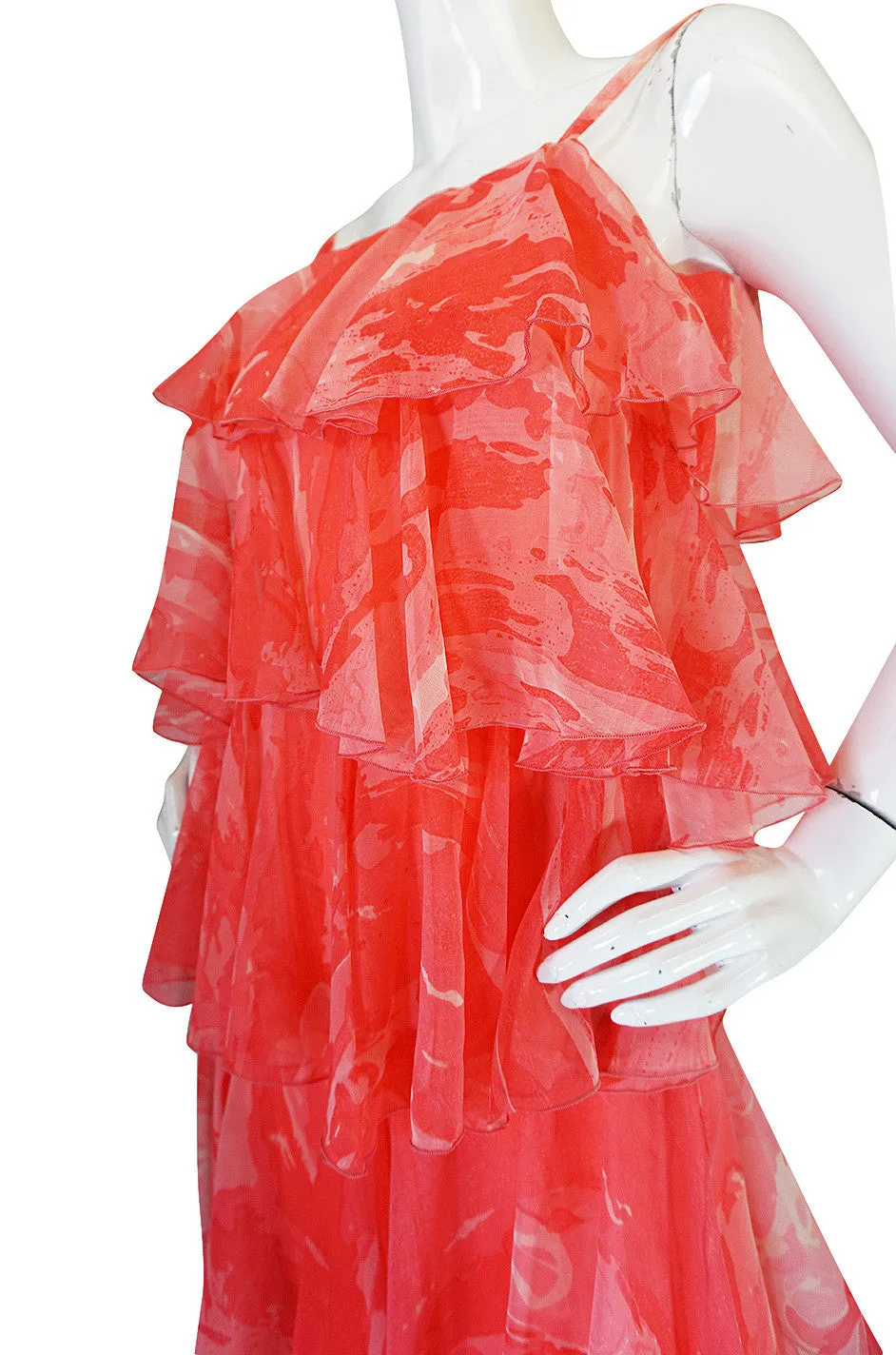 1960s Tiered & Ruffled Silk Chiffon Coral Maxi Dress