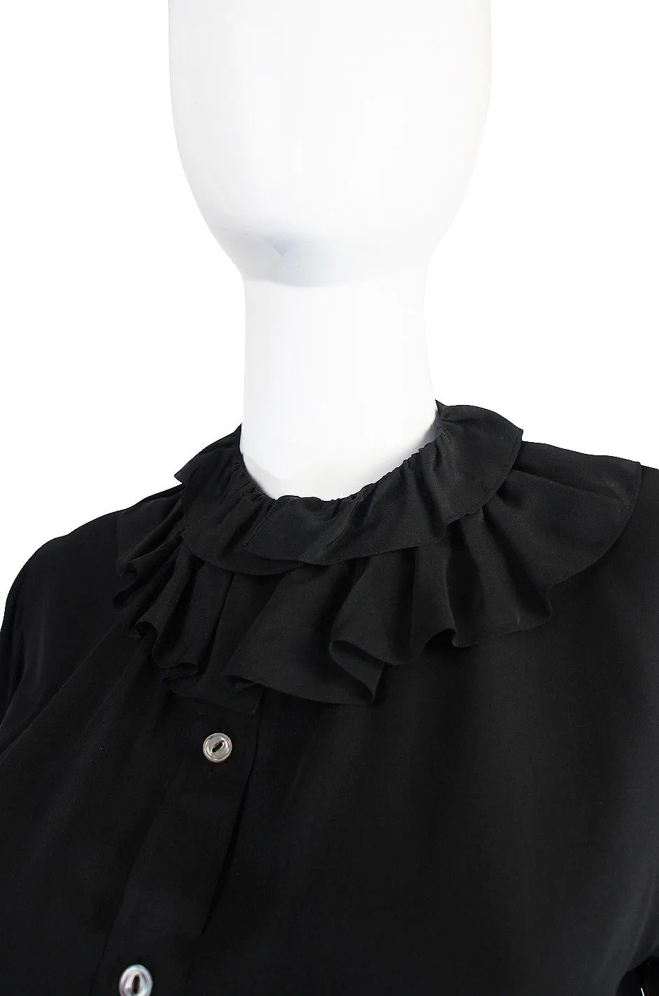 1970s Black Silk Ruffle Yves Saint Laurent Top