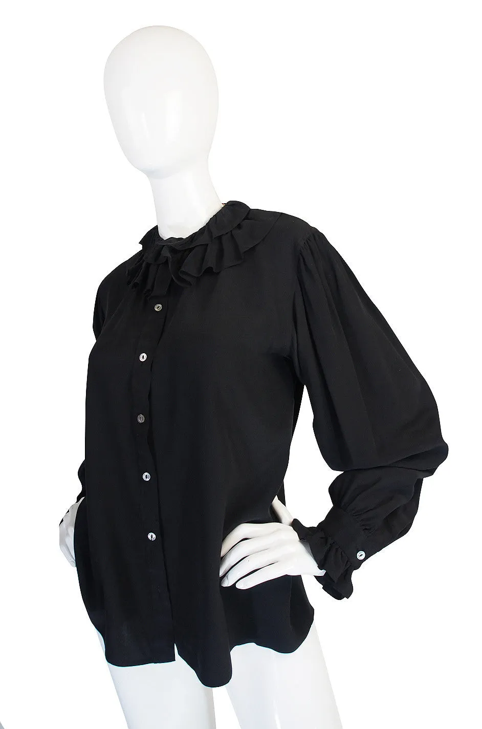 1970s Black Silk Ruffle Yves Saint Laurent Top