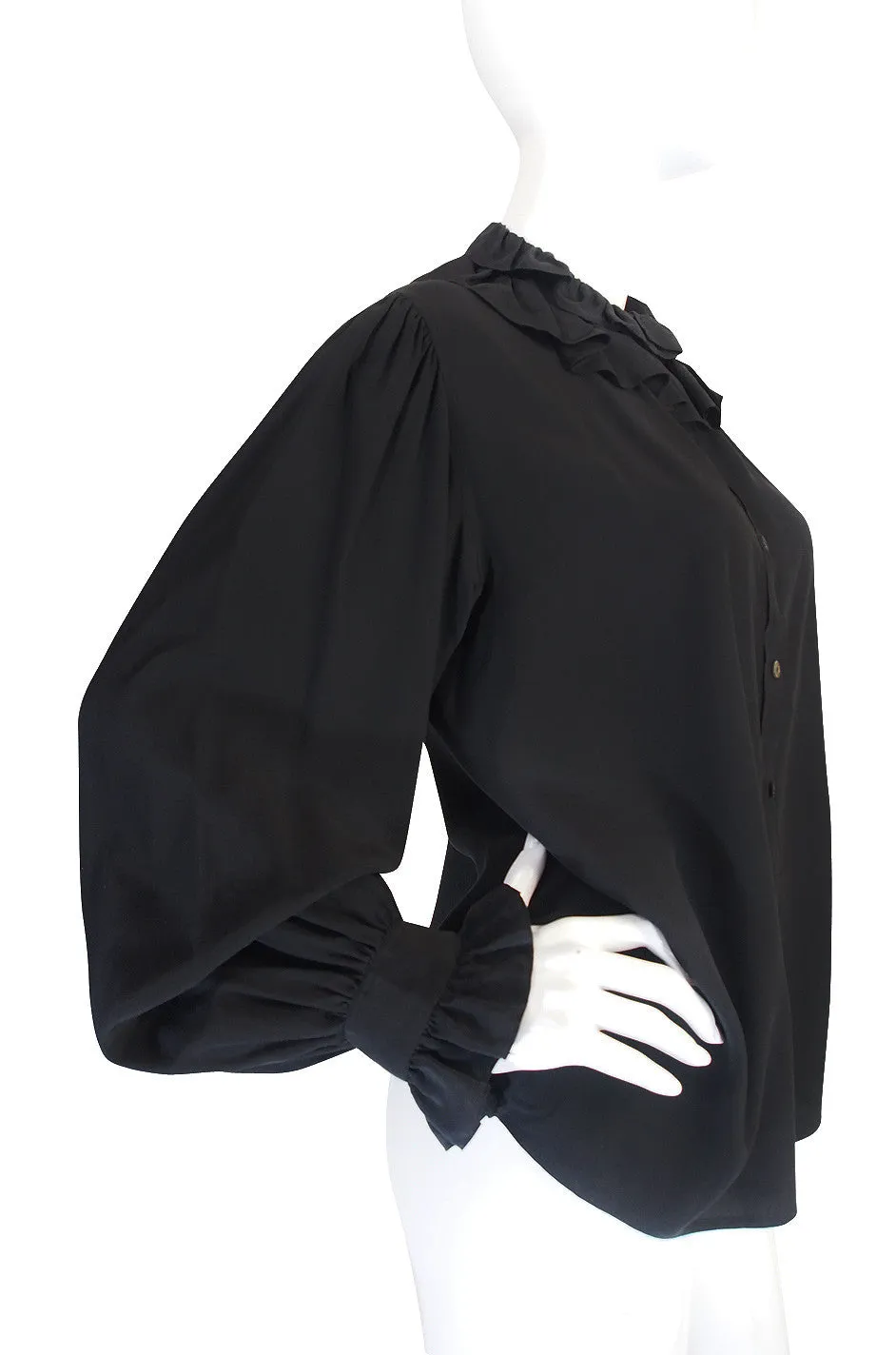 1970s Black Silk Ruffle Yves Saint Laurent Top