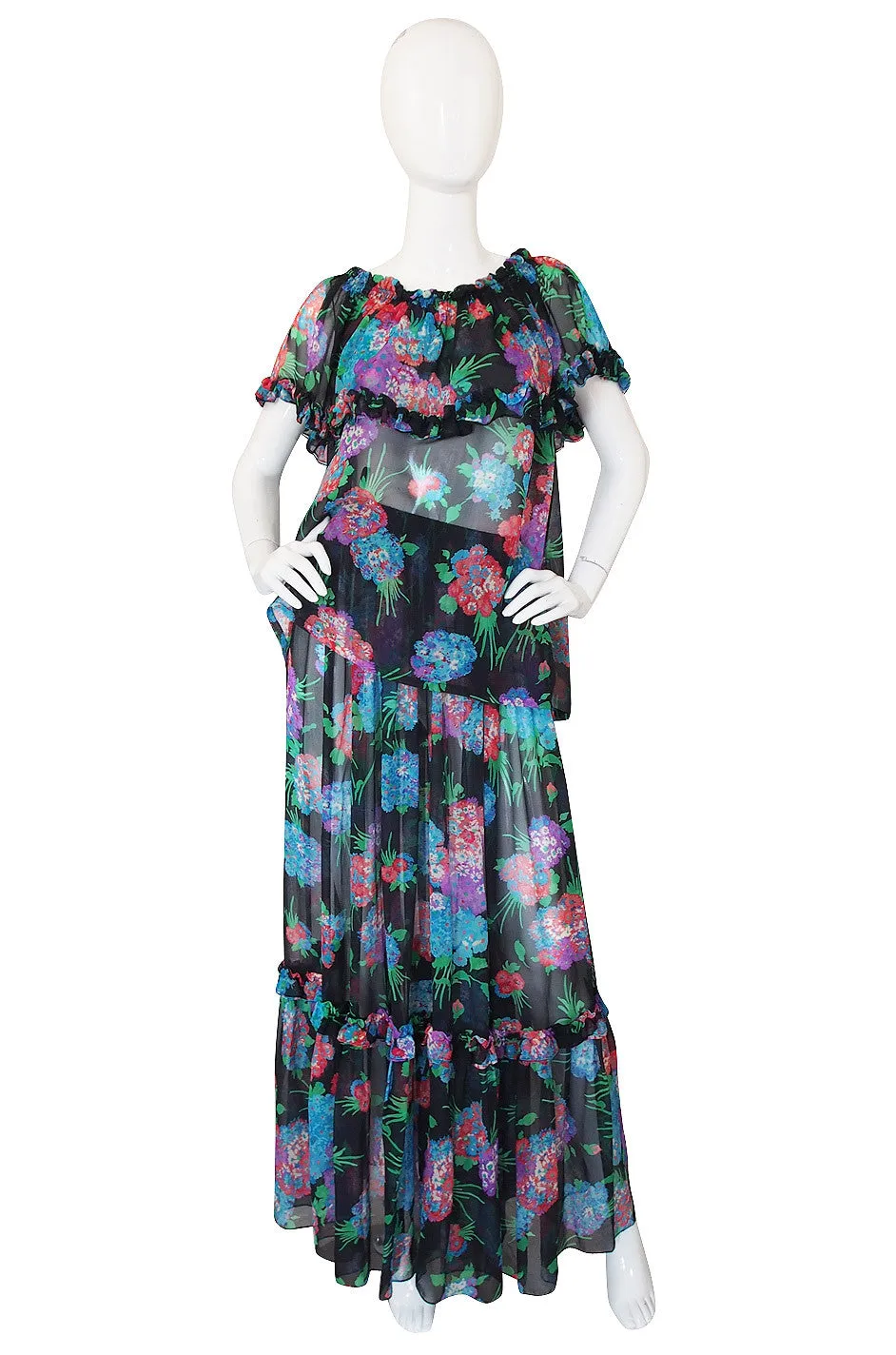 1970s Floral Silk Chiffon Yves Saint Laurent Set