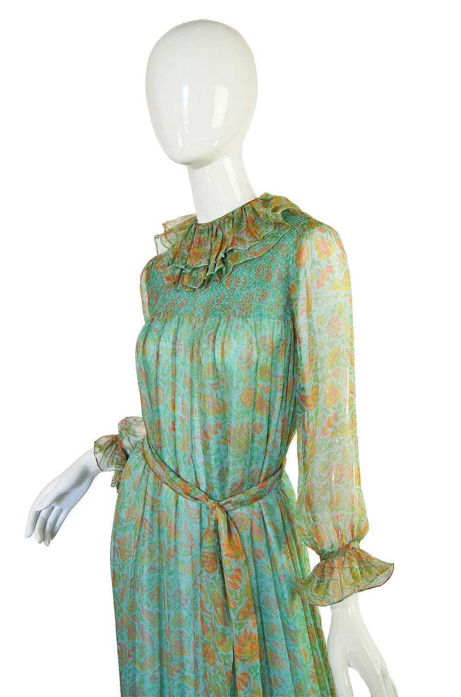 1970s Green Printed Ruffled Silk Chiffon Treacy Lowe Dress
