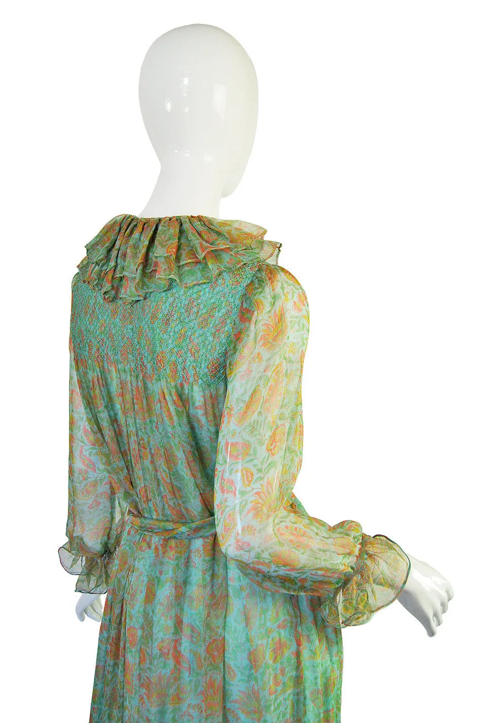 1970s Green Printed Ruffled Silk Chiffon Treacy Lowe Dress