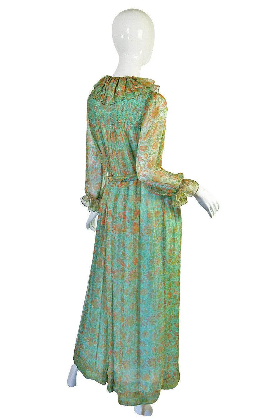 1970s Green Printed Ruffled Silk Chiffon Treacy Lowe Dress