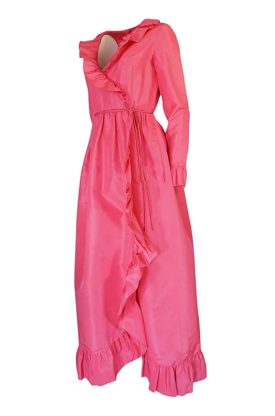 1970s Mollie Parnis Pink Silk Taffeta Dress w Ruffle Detailing