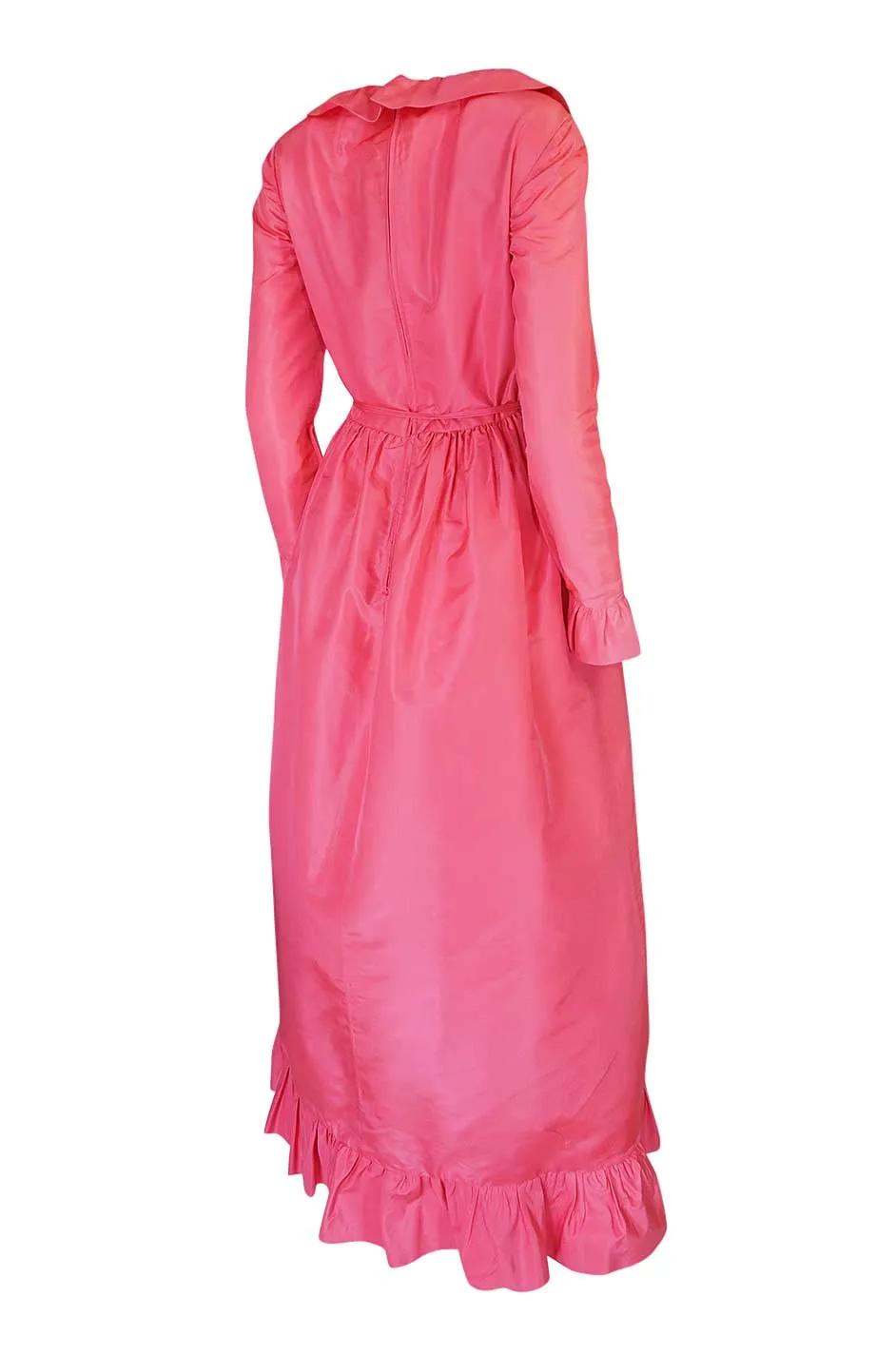 1970s Mollie Parnis Pink Silk Taffeta Dress w Ruffle Detailing