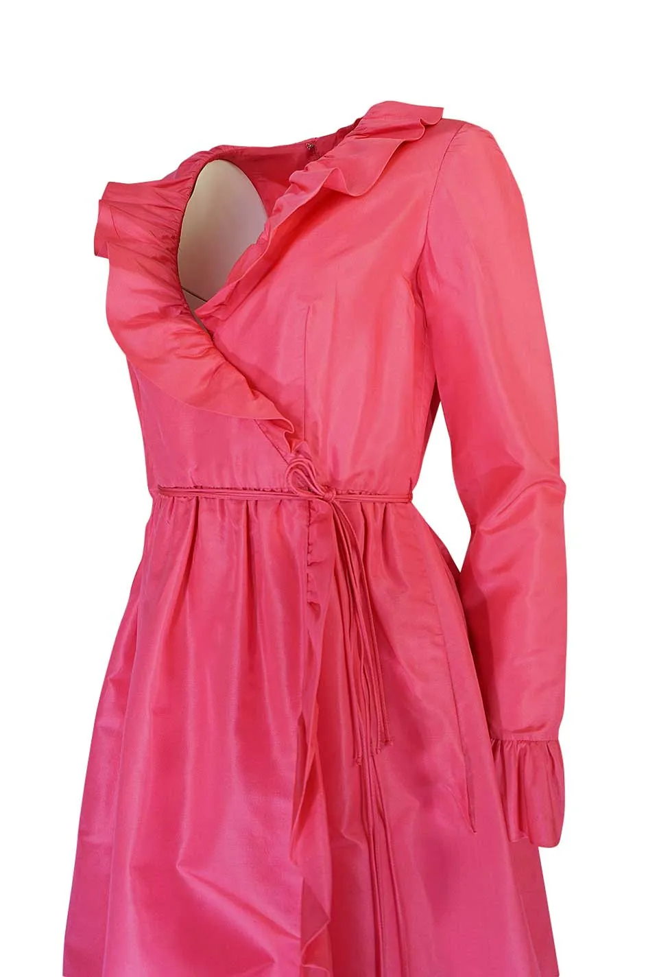 1970s Mollie Parnis Pink Silk Taffeta Dress w Ruffle Detailing