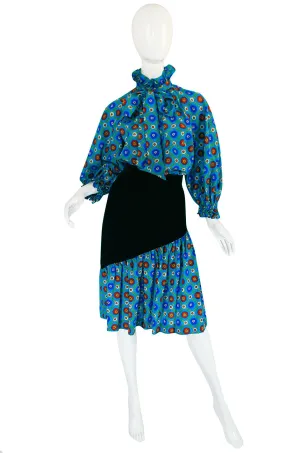 1970s Print & Velvet Yves Saint Laurent Peasant Top & Skirt