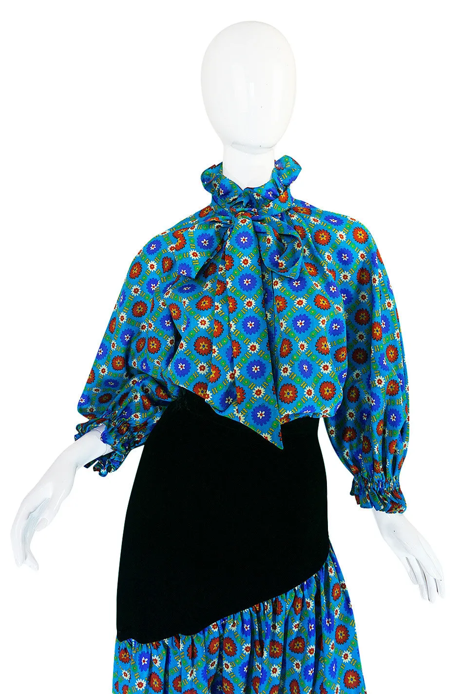 1970s Print & Velvet Yves Saint Laurent Peasant Top & Skirt