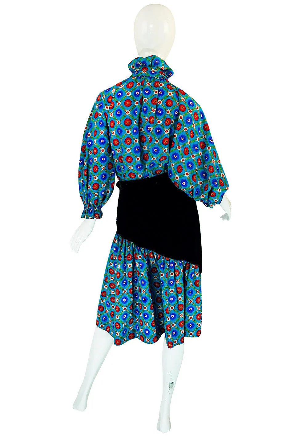 1970s Print & Velvet Yves Saint Laurent Peasant Top & Skirt