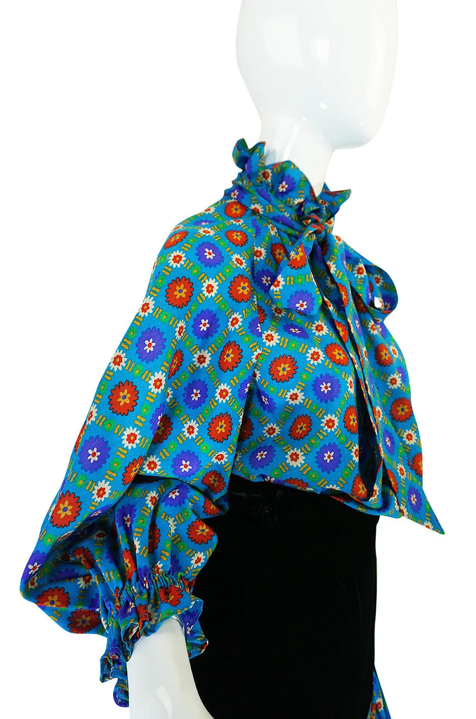 1970s Print & Velvet Yves Saint Laurent Peasant Top & Skirt
