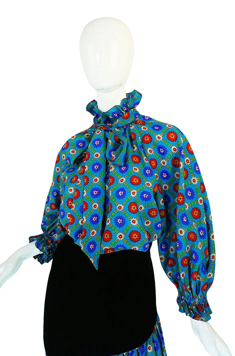 1970s Print & Velvet Yves Saint Laurent Peasant Top & Skirt