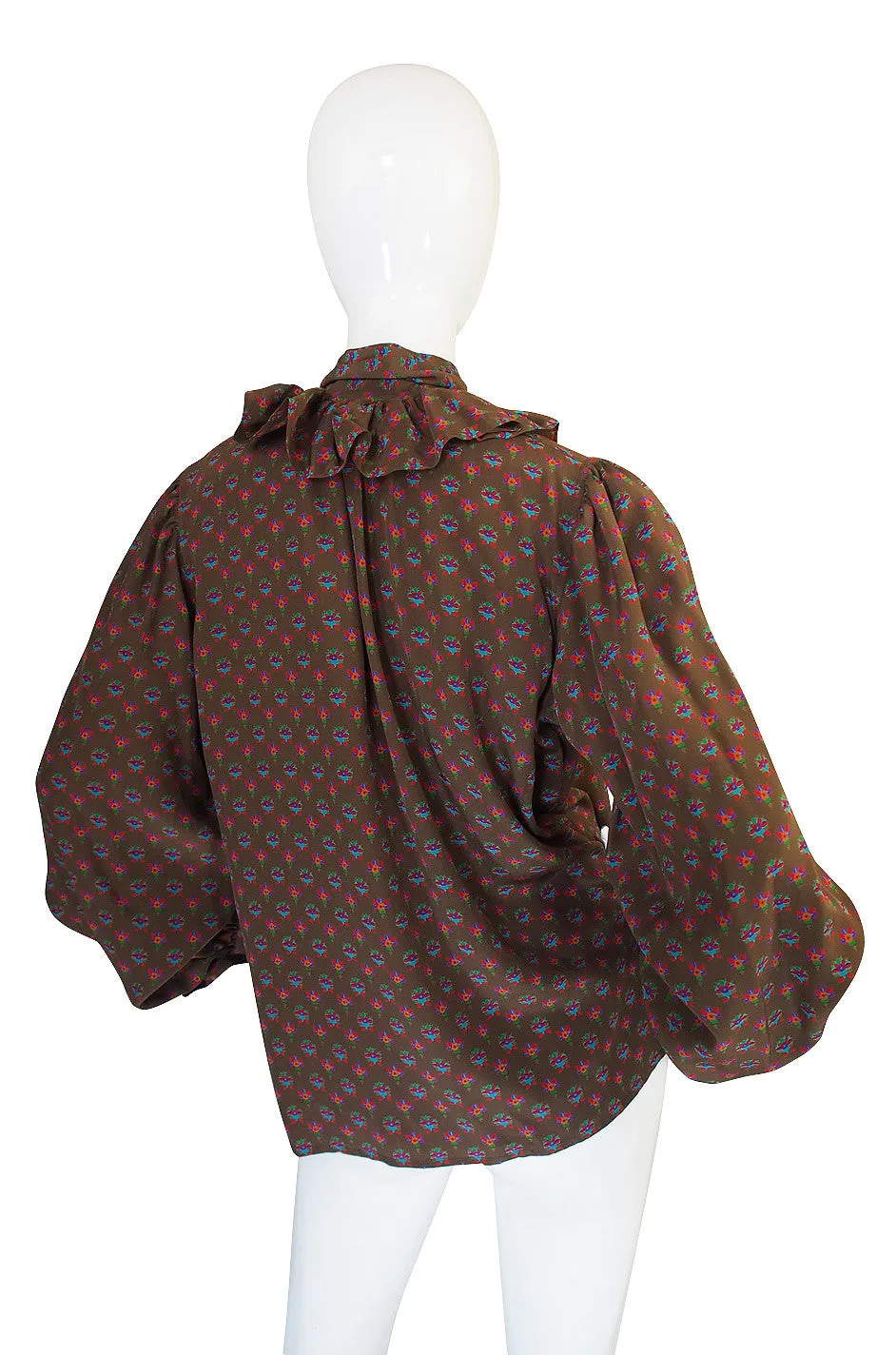 1970s Yves Saint Lauent Silk Ruffle Print Top
