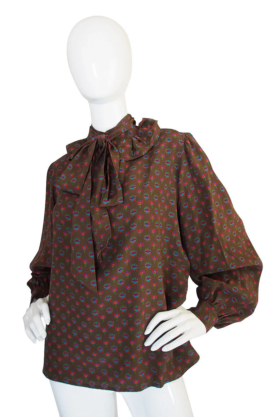 1970s Yves Saint Lauent Silk Ruffle Print Top