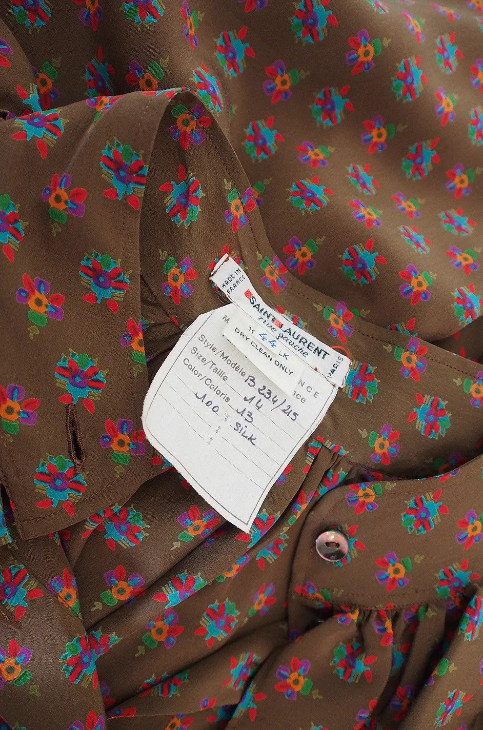 1970s Yves Saint Lauent Silk Ruffle Print Top