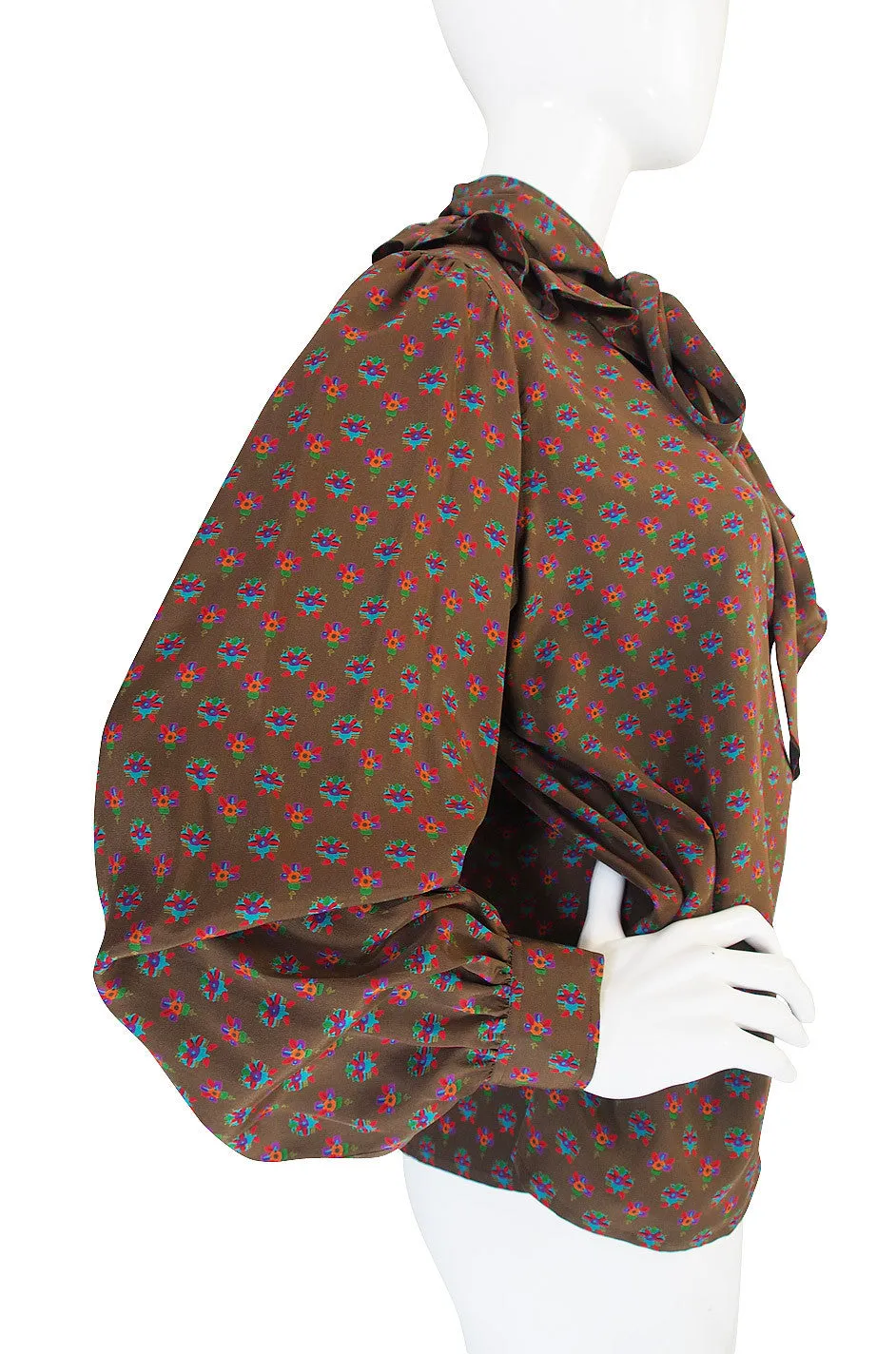 1970s Yves Saint Lauent Silk Ruffle Print Top