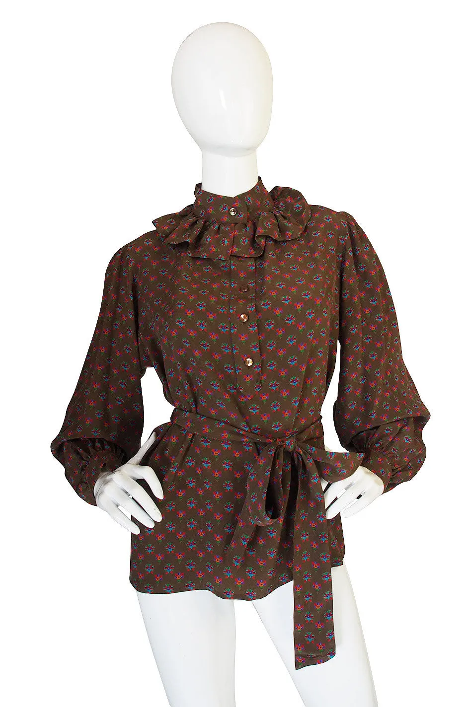 1970s Yves Saint Lauent Silk Ruffle Print Top