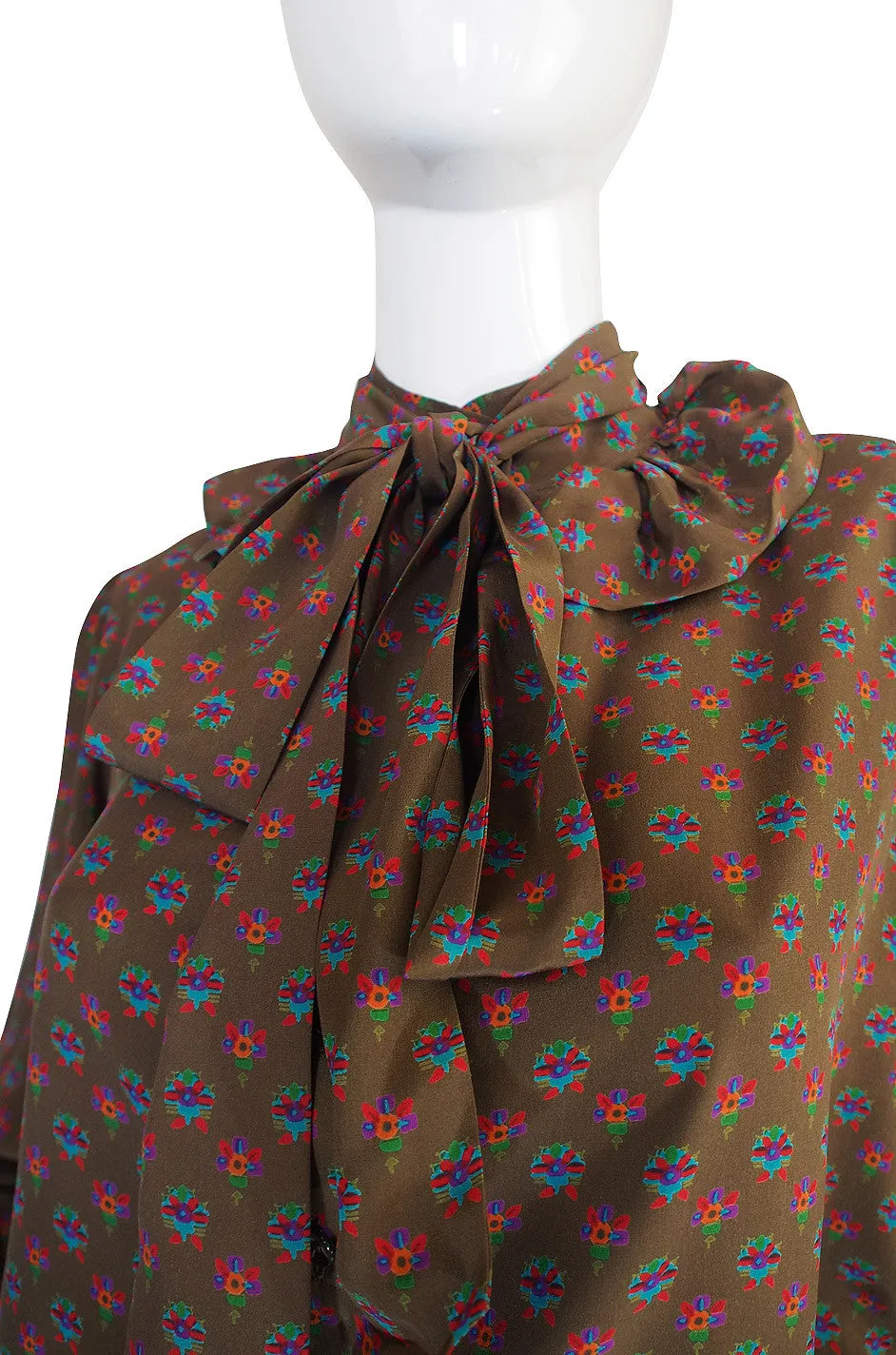 1970s Yves Saint Lauent Silk Ruffle Print Top