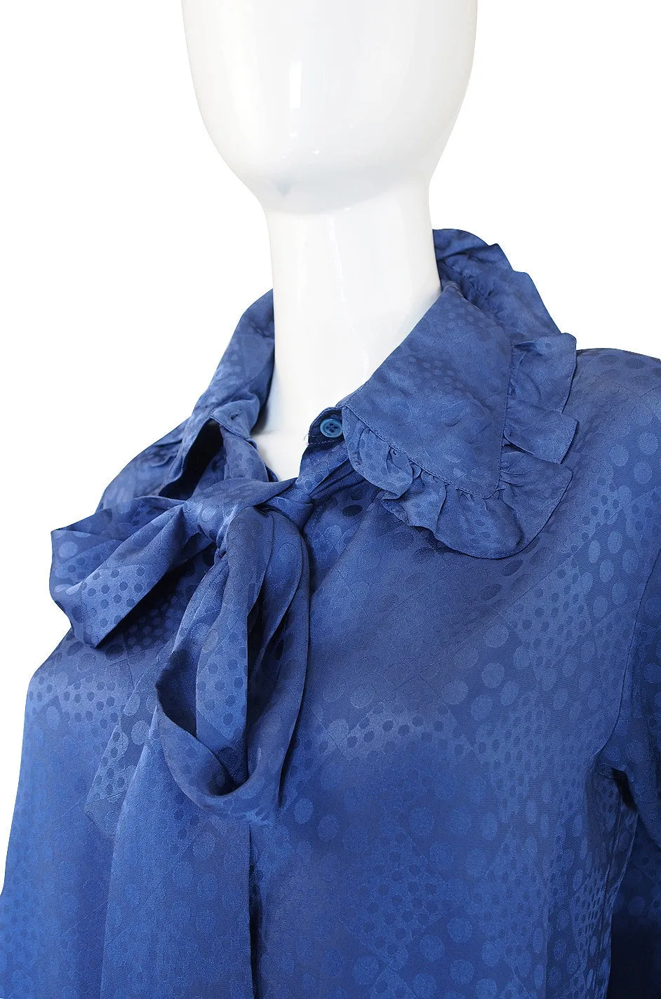 1970s Yves Saint Laurent Ocean Blue Silk Top