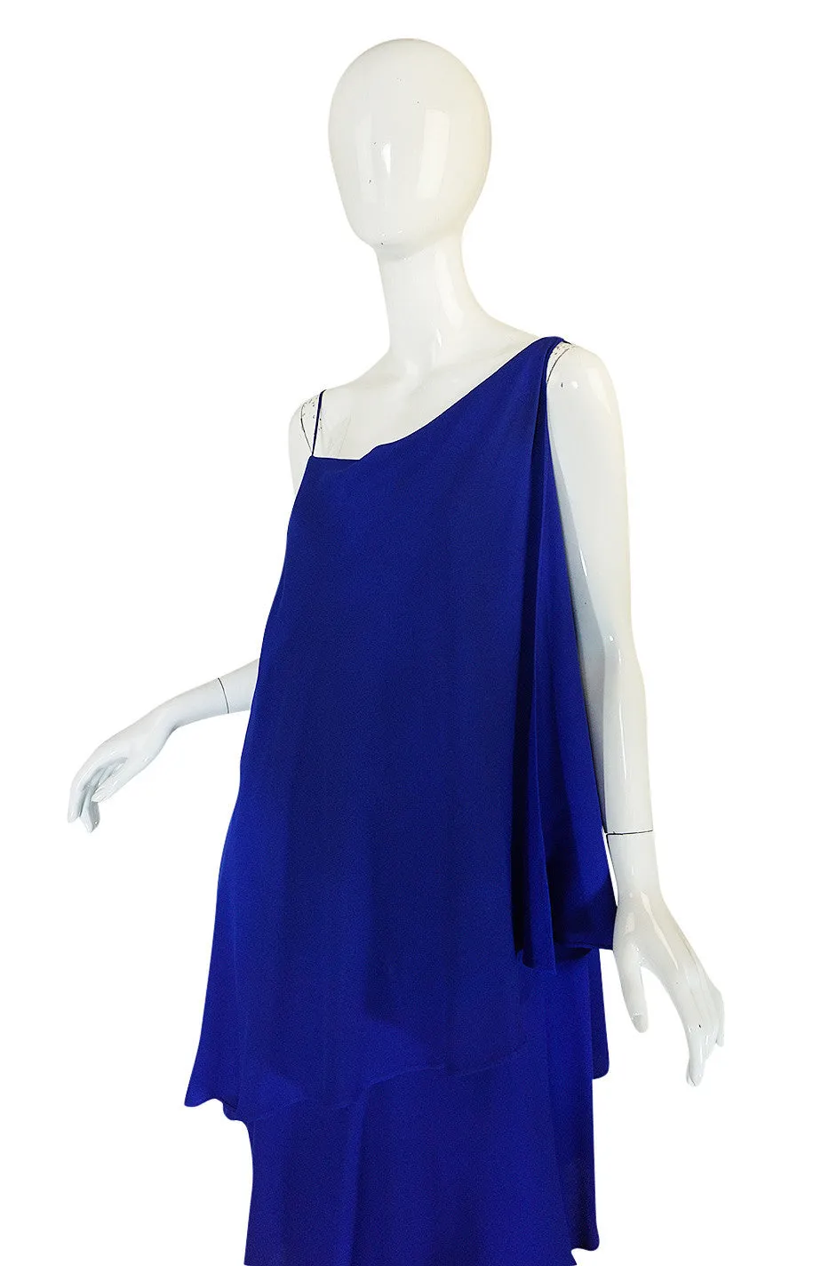 1980-82 Ruffled Halston Spiral Dress in Royal Blue Silk
