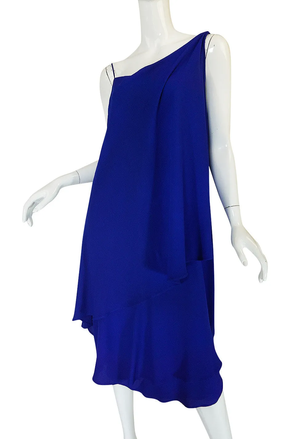 1980-82 Ruffled Halston Spiral Dress in Royal Blue Silk