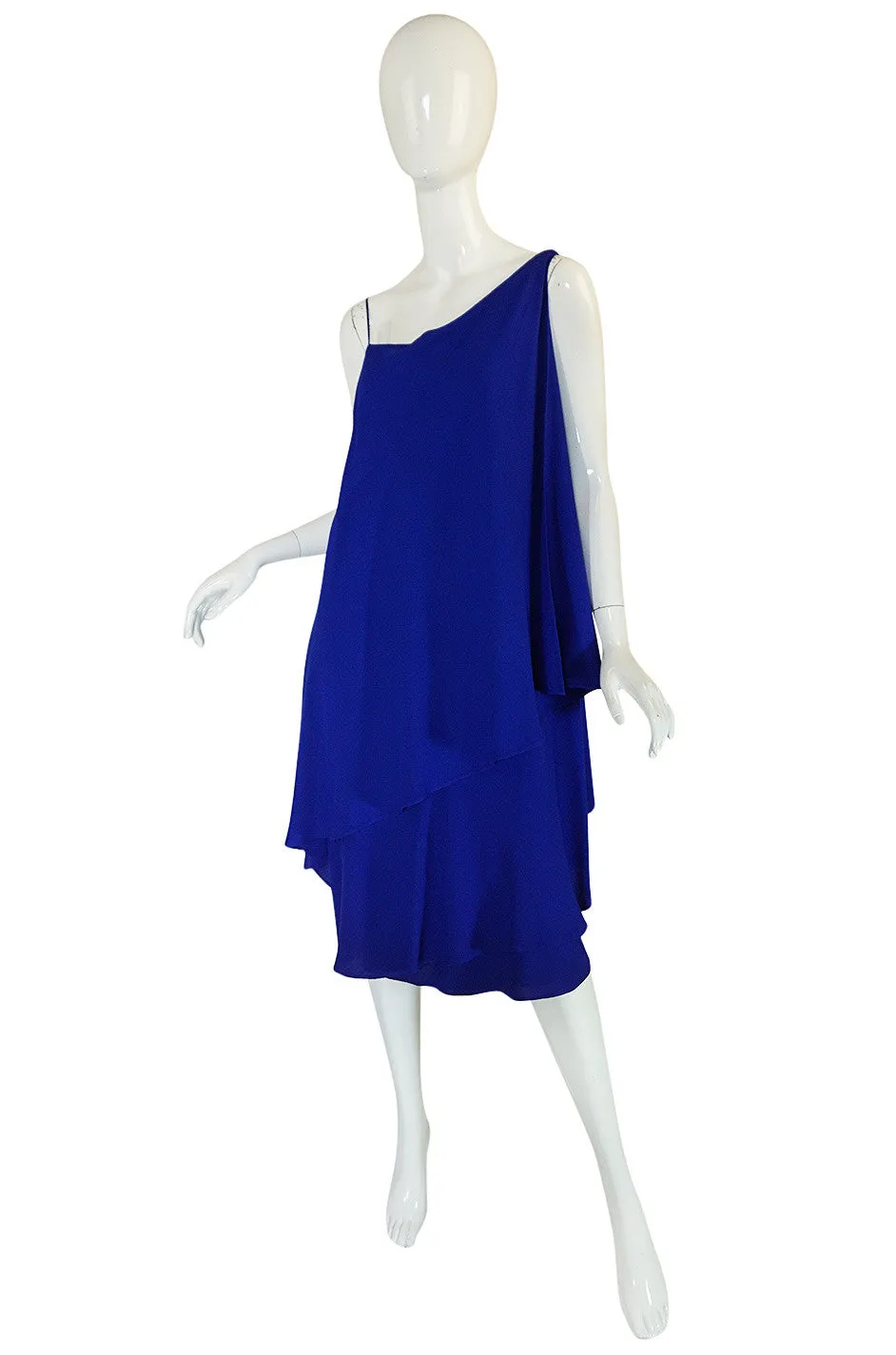 1980-82 Ruffled Halston Spiral Dress in Royal Blue Silk