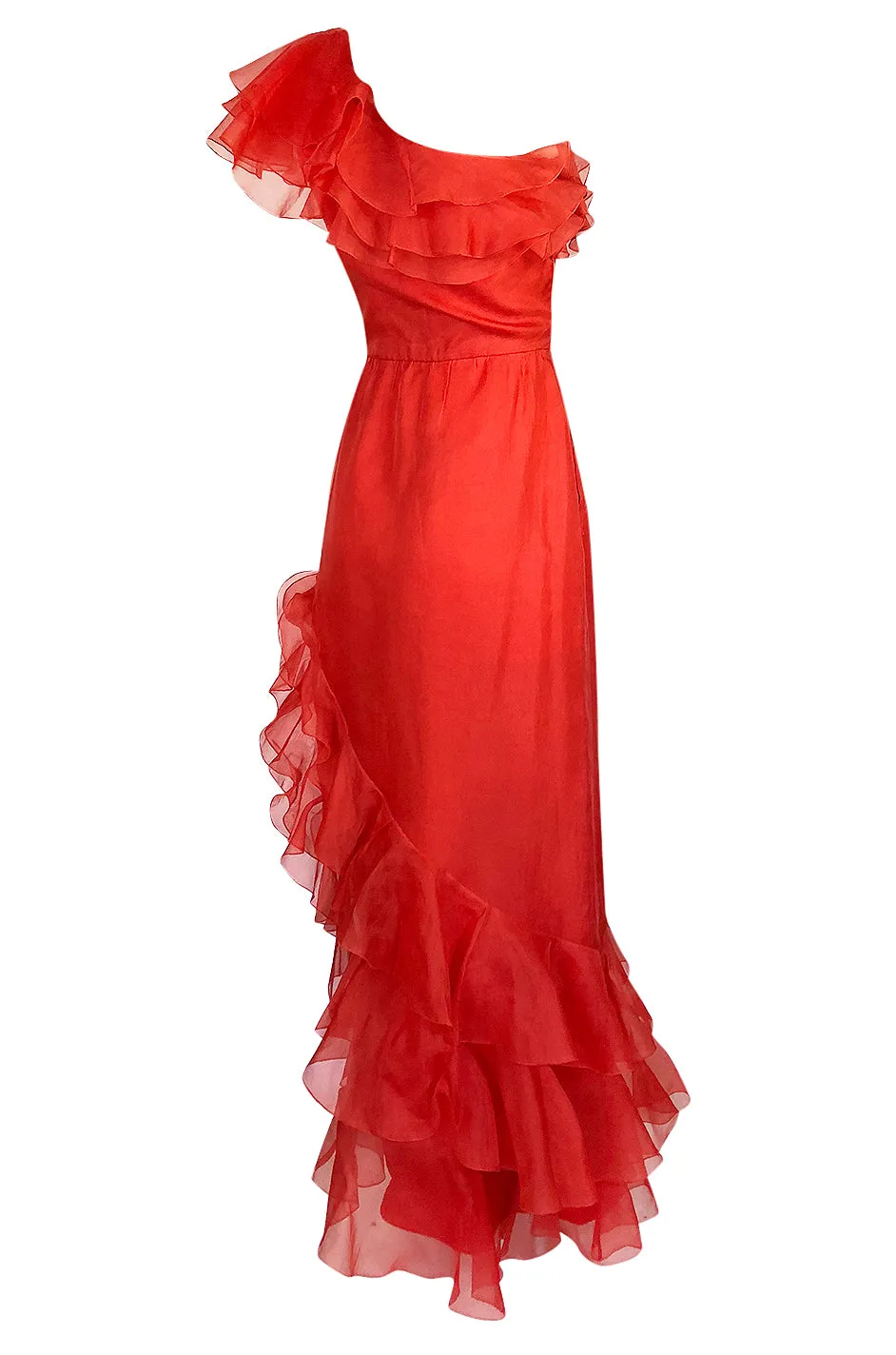 1980s Bellville Sassoon Ruffled Red Chiffon One Shoulder Dress