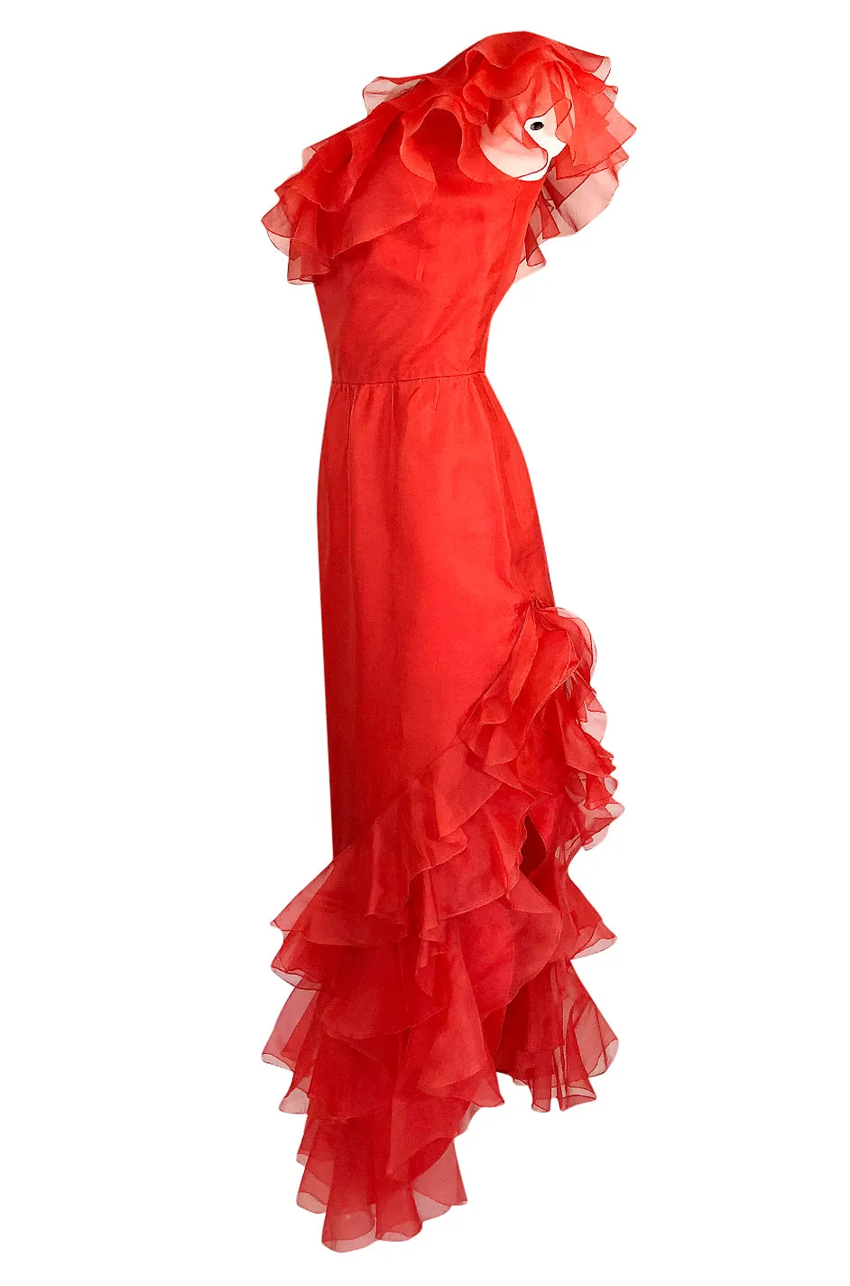 1980s Bellville Sassoon Ruffled Red Chiffon One Shoulder Dress