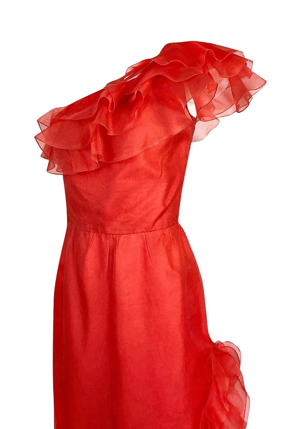 1980s Bellville Sassoon Ruffled Red Chiffon One Shoulder Dress