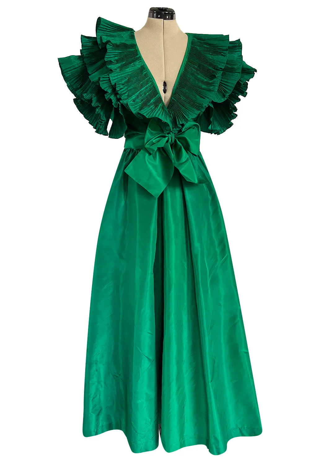1980s Paul-Louis Orrier Emerald Green Silk Taffeta Couture Dress w Extravagant Ruffles