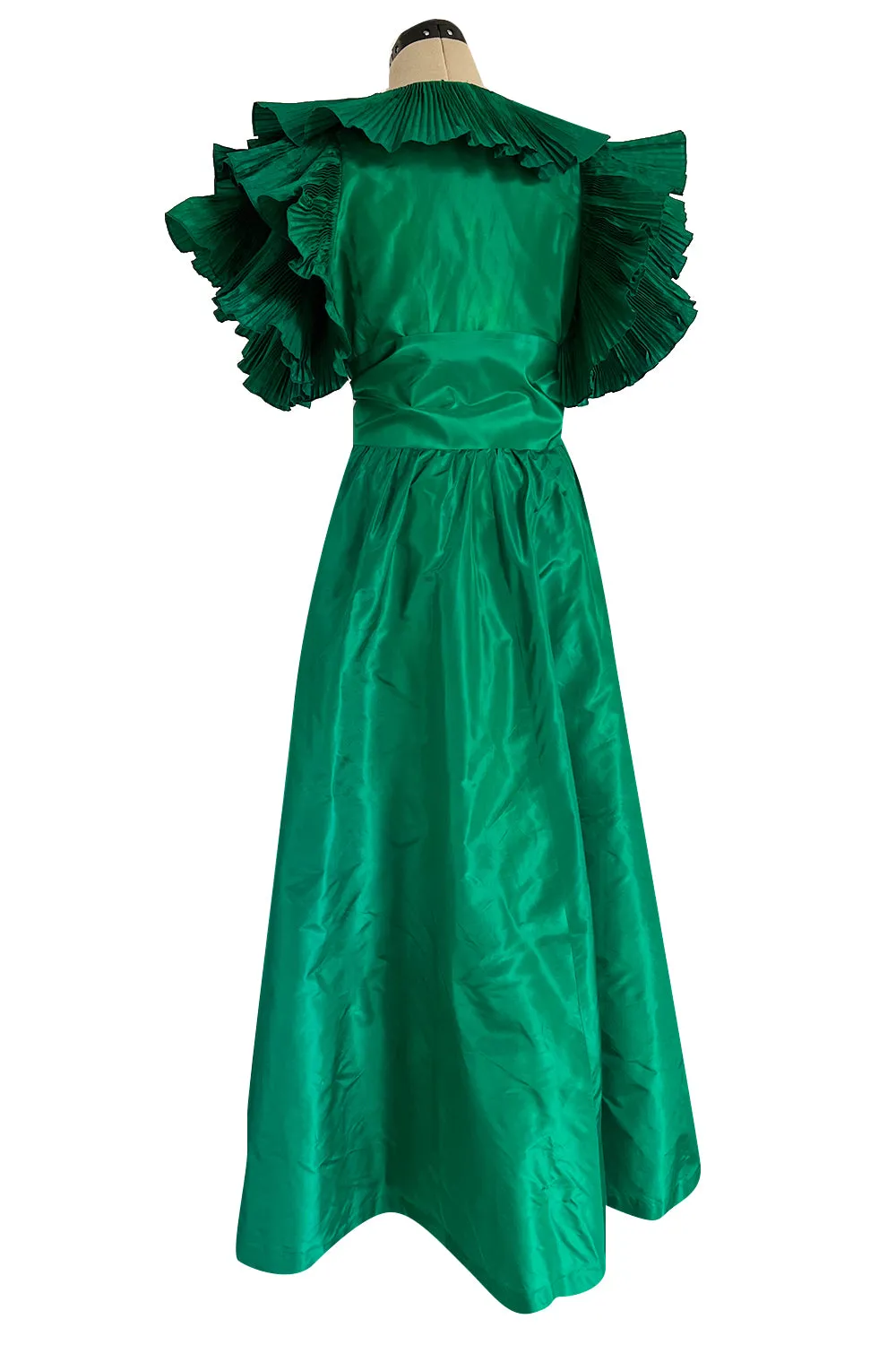 1980s Paul-Louis Orrier Emerald Green Silk Taffeta Couture Dress w Extravagant Ruffles