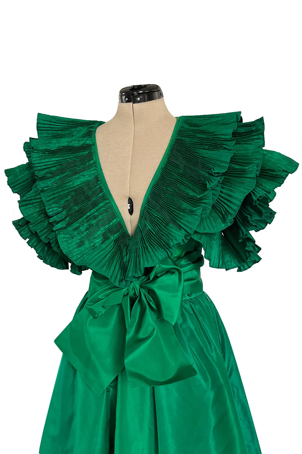 1980s Paul-Louis Orrier Emerald Green Silk Taffeta Couture Dress w Extravagant Ruffles