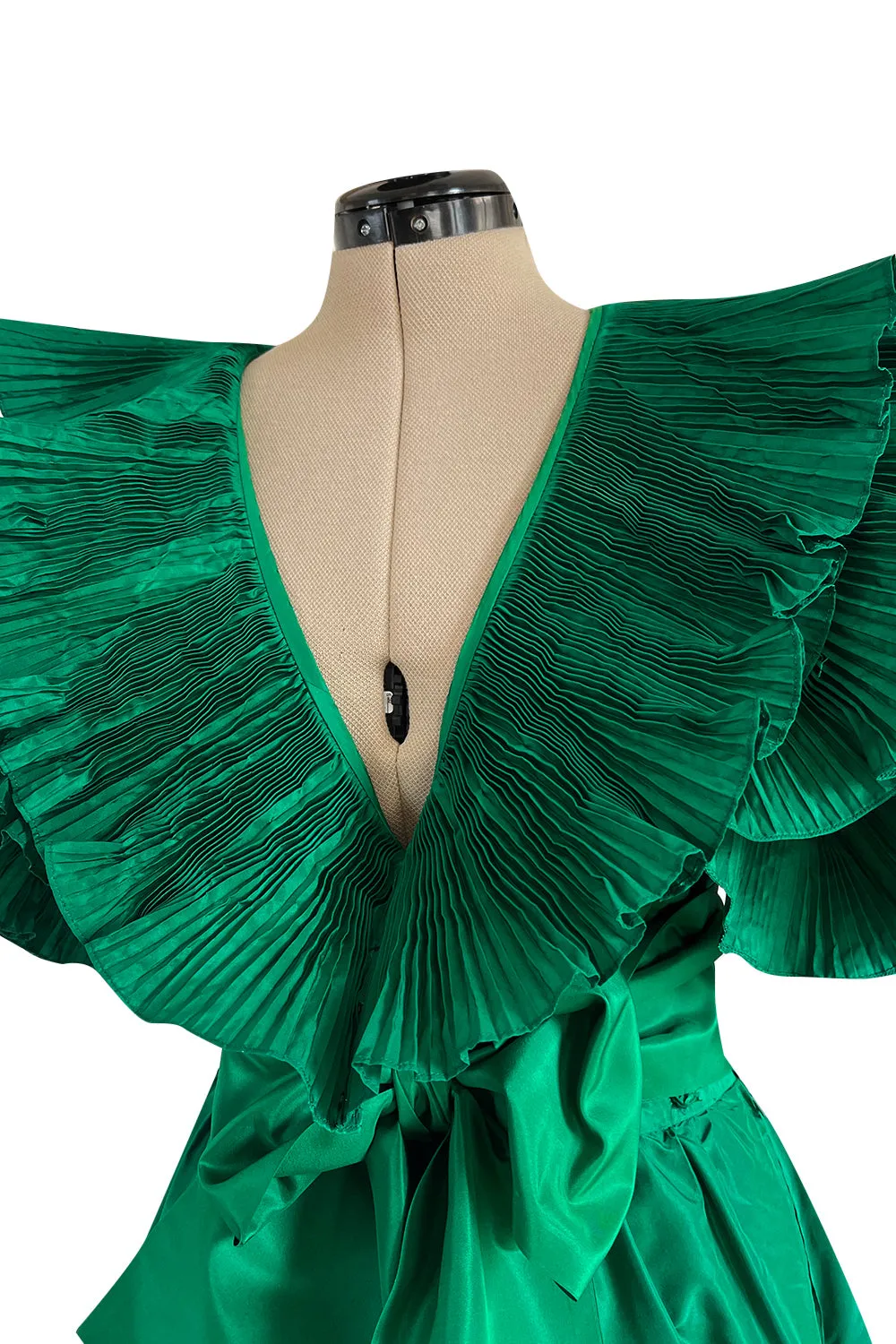 1980s Paul-Louis Orrier Emerald Green Silk Taffeta Couture Dress w Extravagant Ruffles