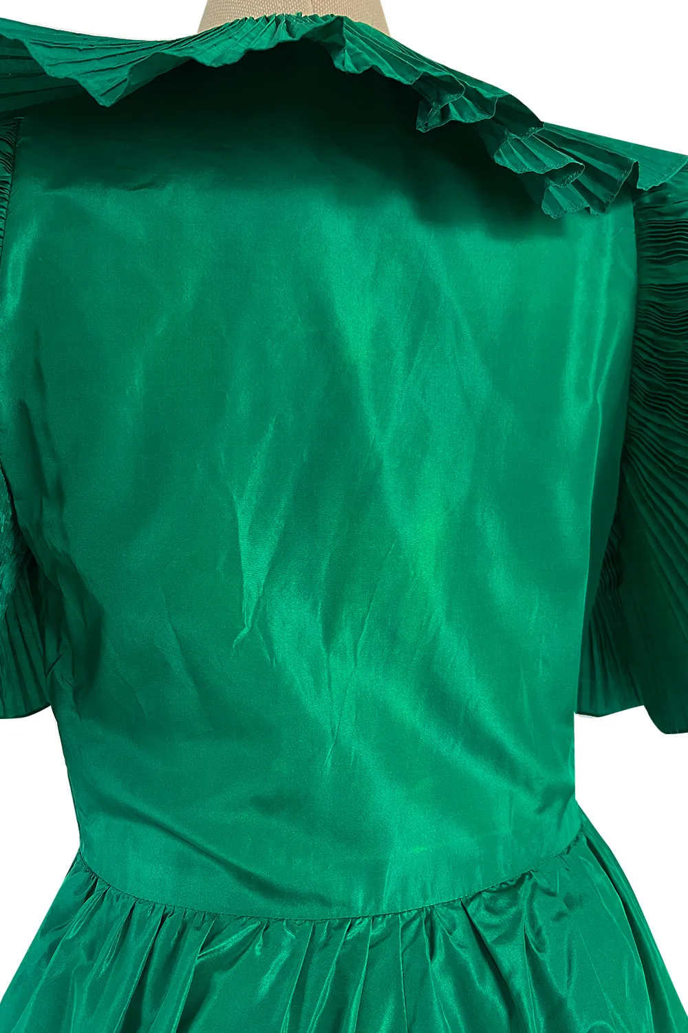 1980s Paul-Louis Orrier Emerald Green Silk Taffeta Couture Dress w Extravagant Ruffles