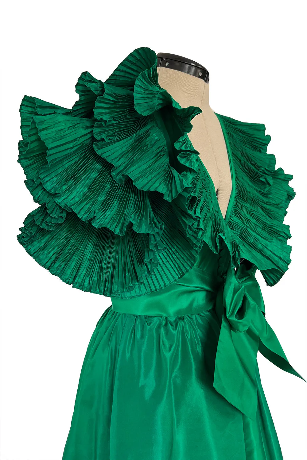 1980s Paul-Louis Orrier Emerald Green Silk Taffeta Couture Dress w Extravagant Ruffles