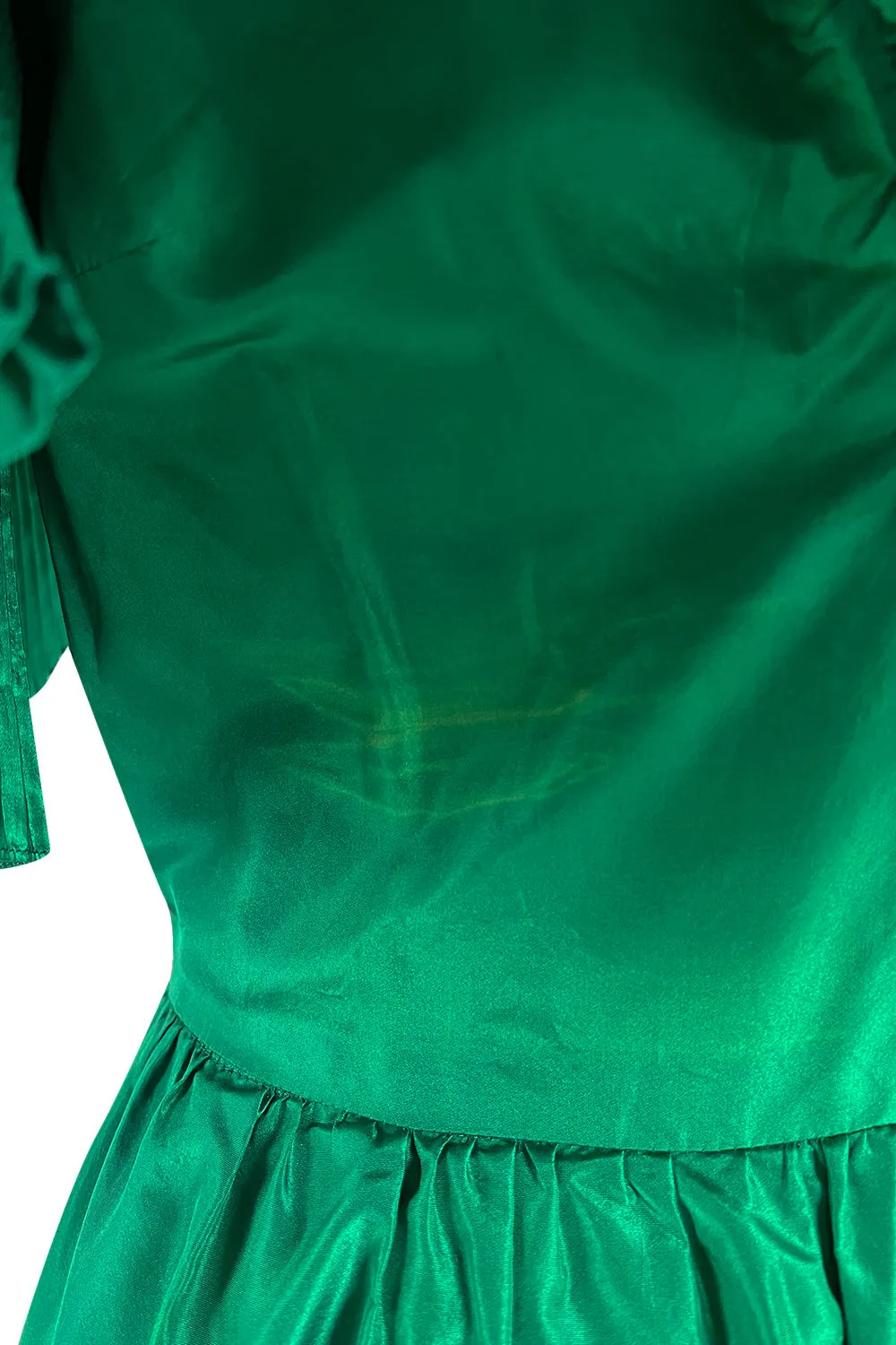 1980s Paul-Louis Orrier Emerald Green Silk Taffeta Couture Dress w Extravagant Ruffles