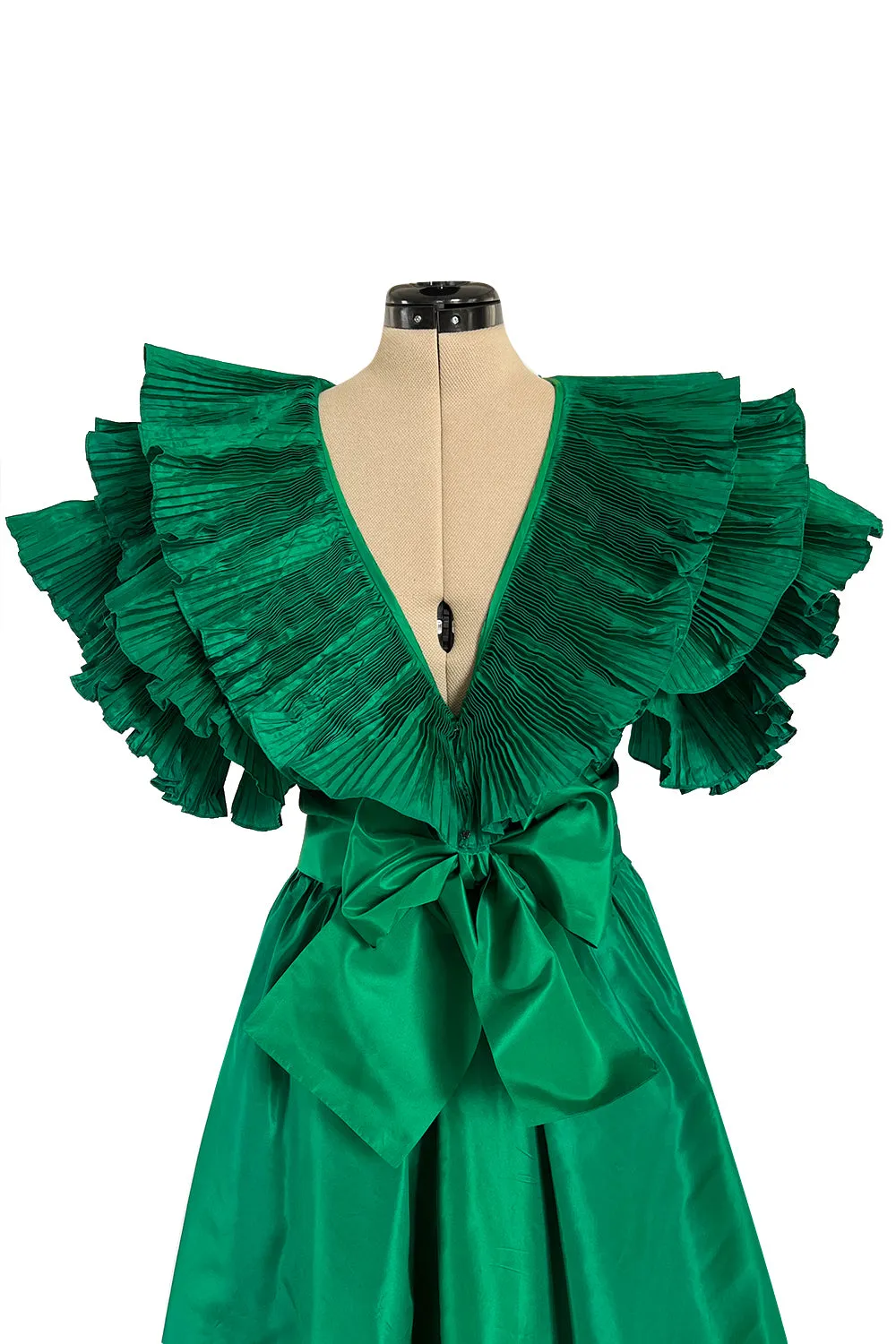 1980s Paul-Louis Orrier Emerald Green Silk Taffeta Couture Dress w Extravagant Ruffles