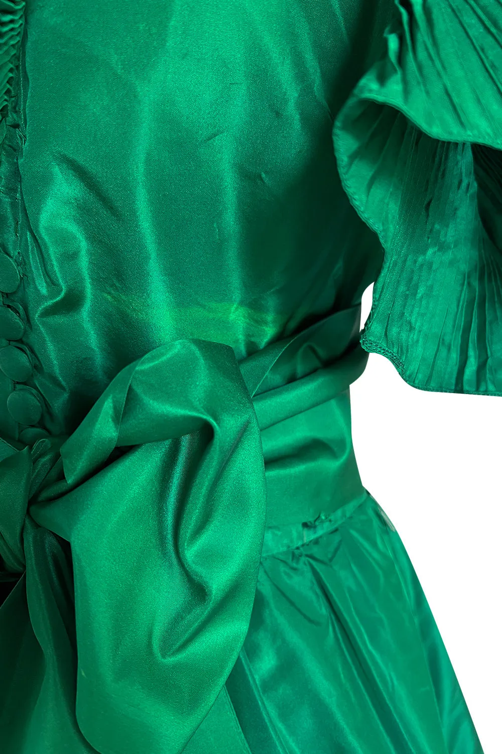 1980s Paul-Louis Orrier Emerald Green Silk Taffeta Couture Dress w Extravagant Ruffles