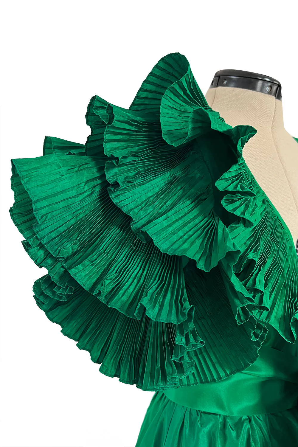 1980s Paul-Louis Orrier Emerald Green Silk Taffeta Couture Dress w Extravagant Ruffles